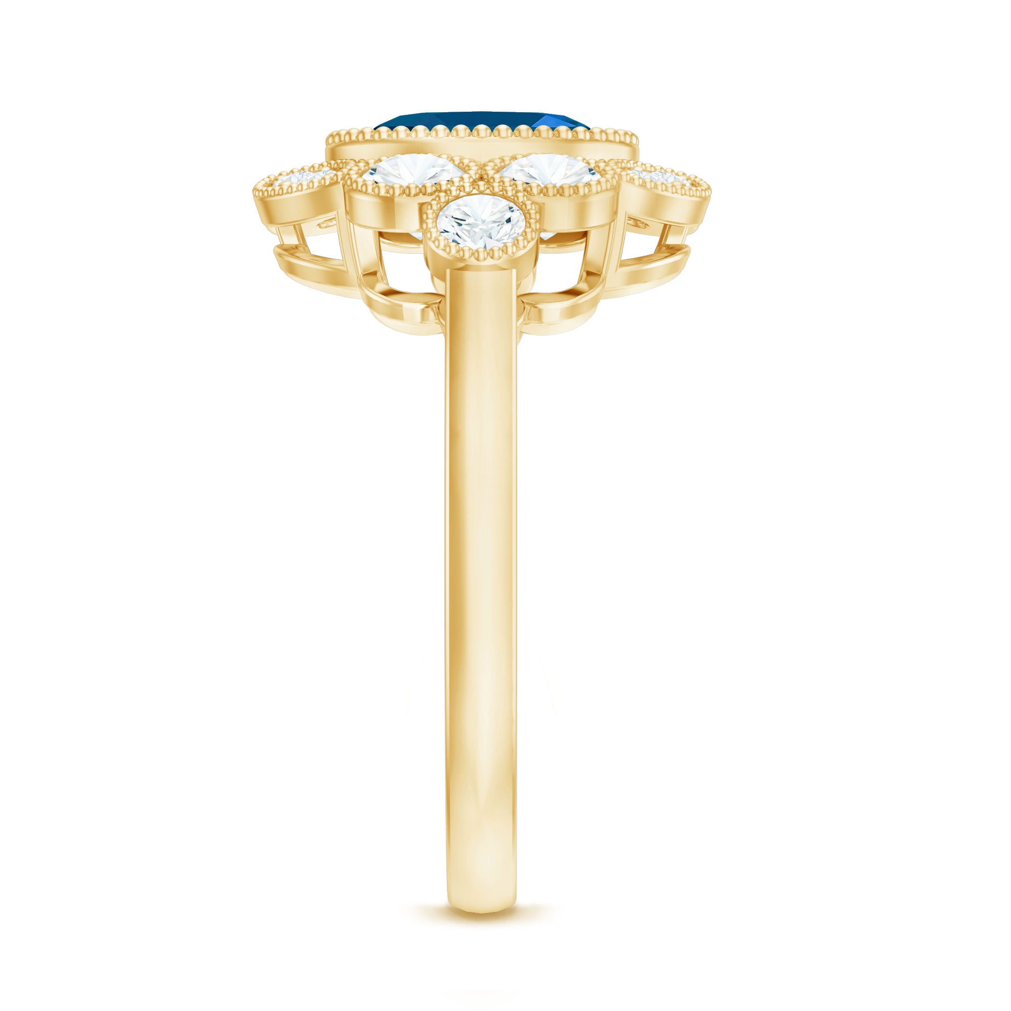 Real Oval London Blue Topaz Vintage Engagement Ring with Diamond AAA - Rosec Jewels