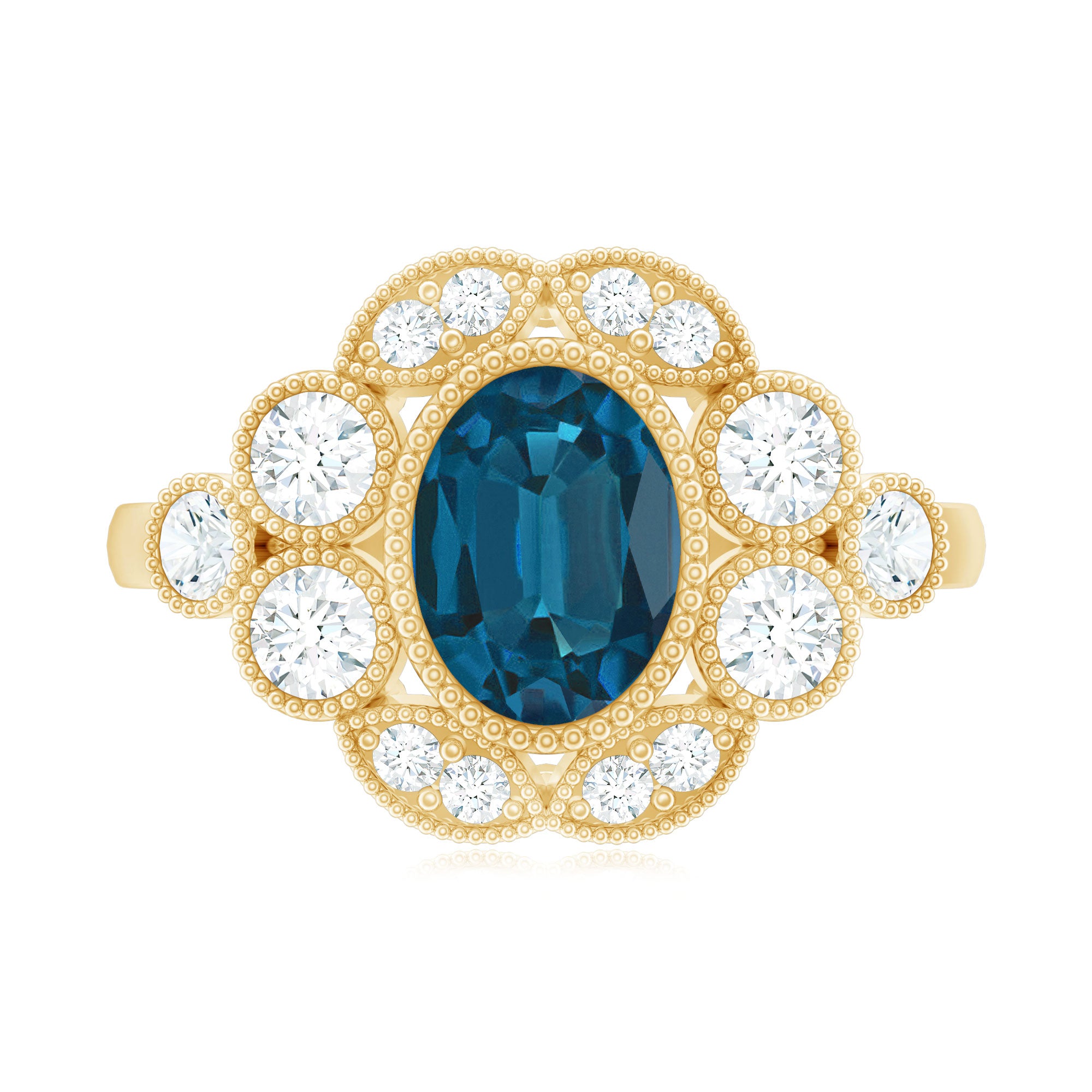 Real Oval London Blue Topaz Vintage Engagement Ring with Diamond AAA - Rosec Jewels