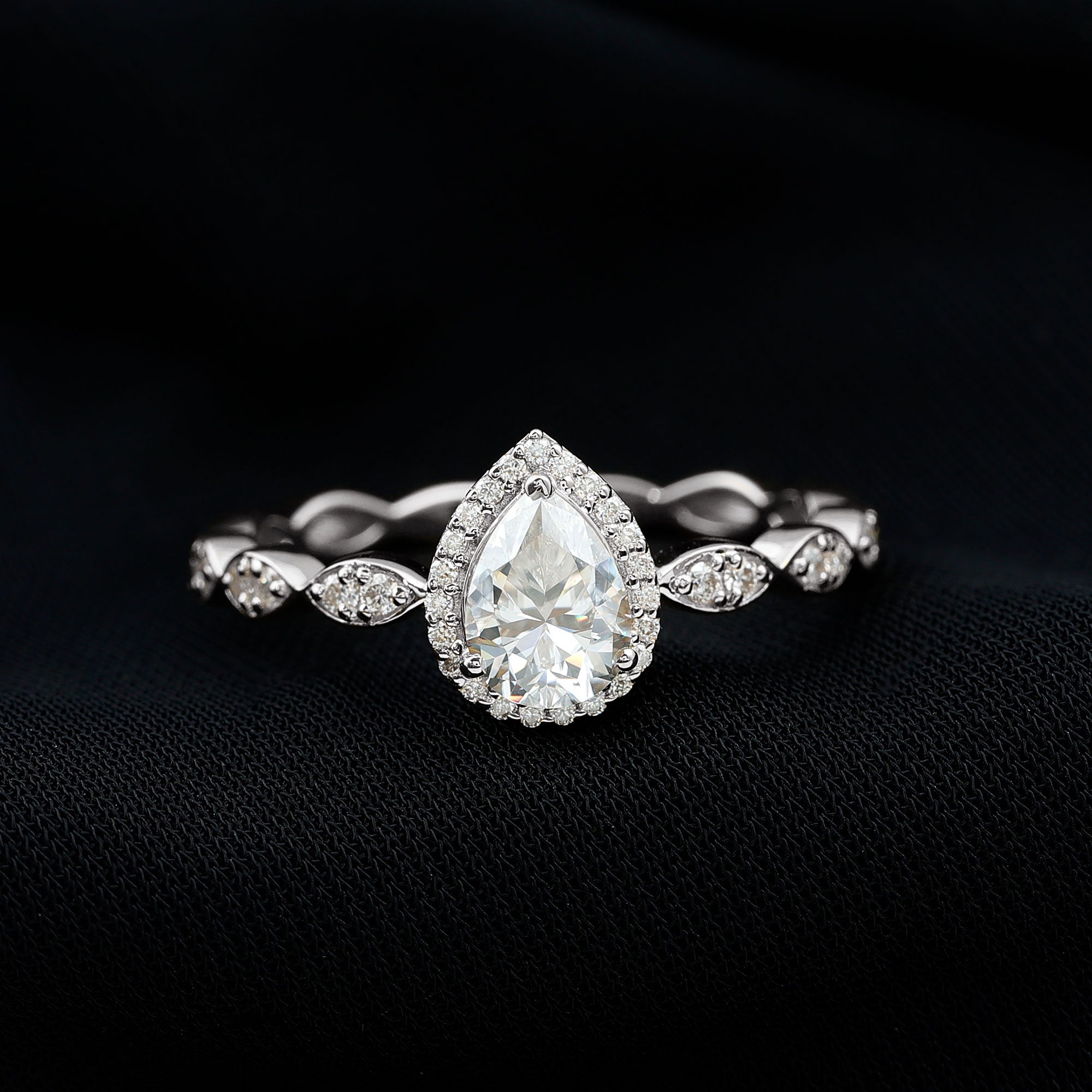 Rosec Jewels-Moissanite Teardrop Engagement Ring with Scalloped Shank