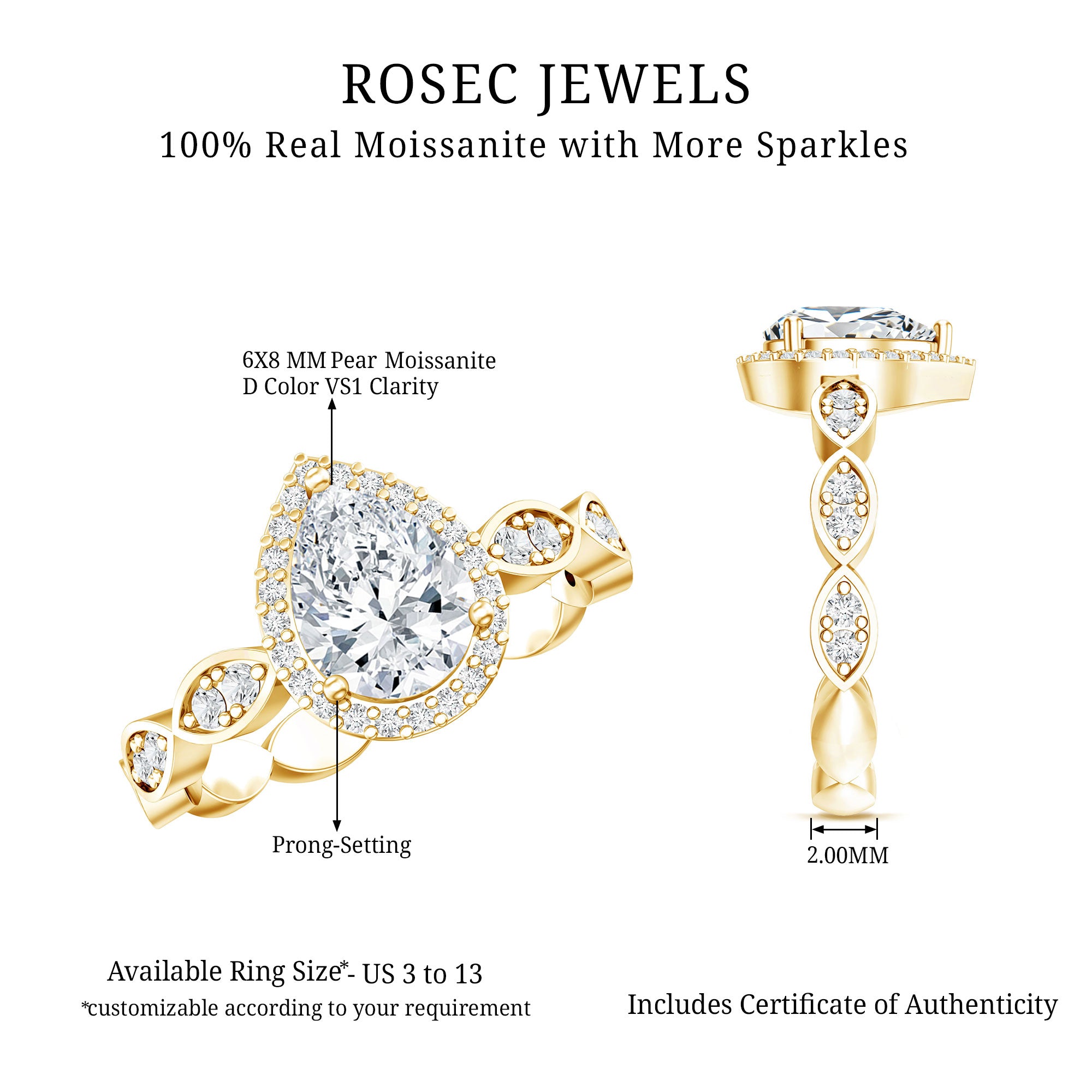 Rosec Jewels-Moissanite Teardrop Engagement Ring with Scalloped Shank