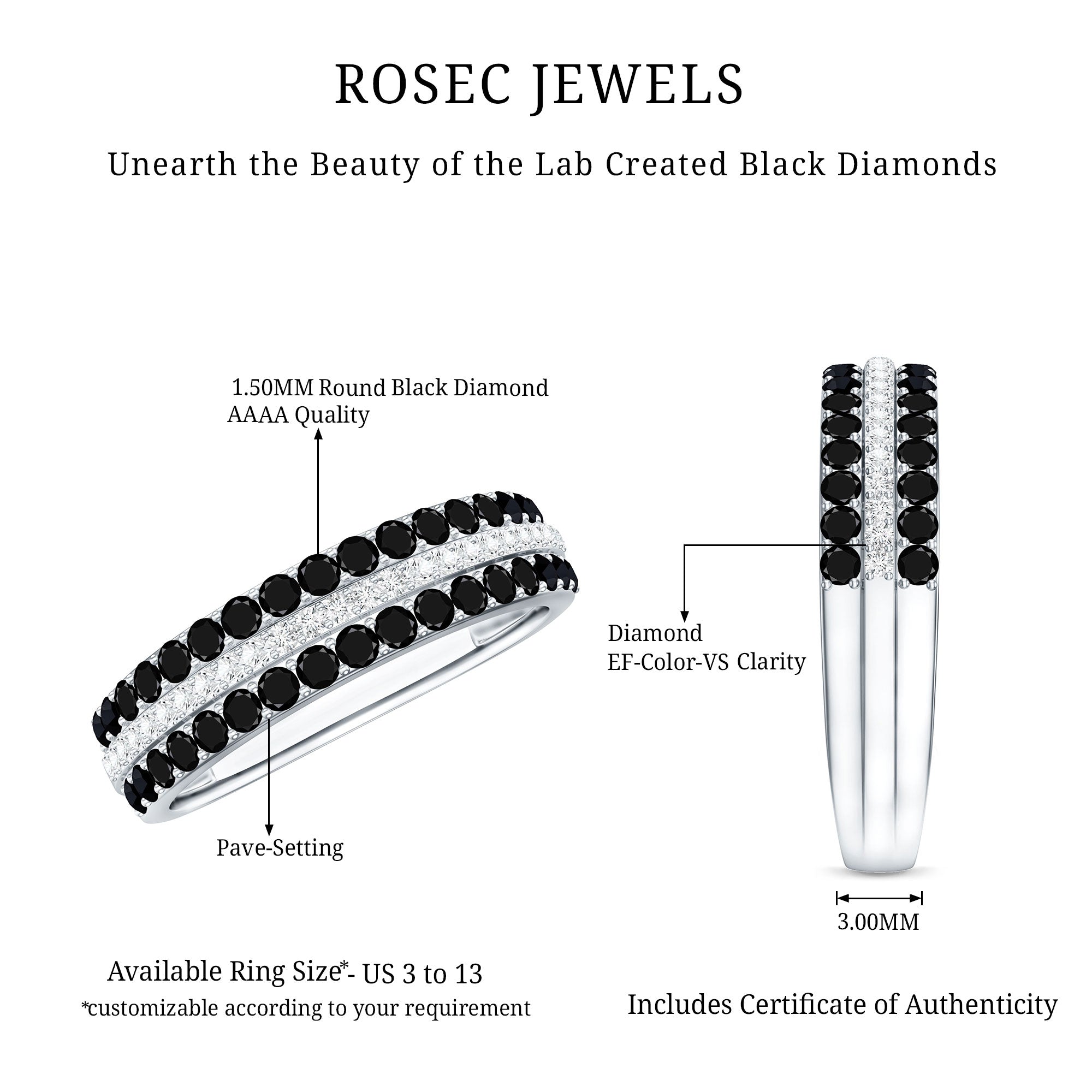 Certified Lab Grown Black and White Diamond Three Row Wedding Band AAAA ( Synthetic ) - Rosec Jewels