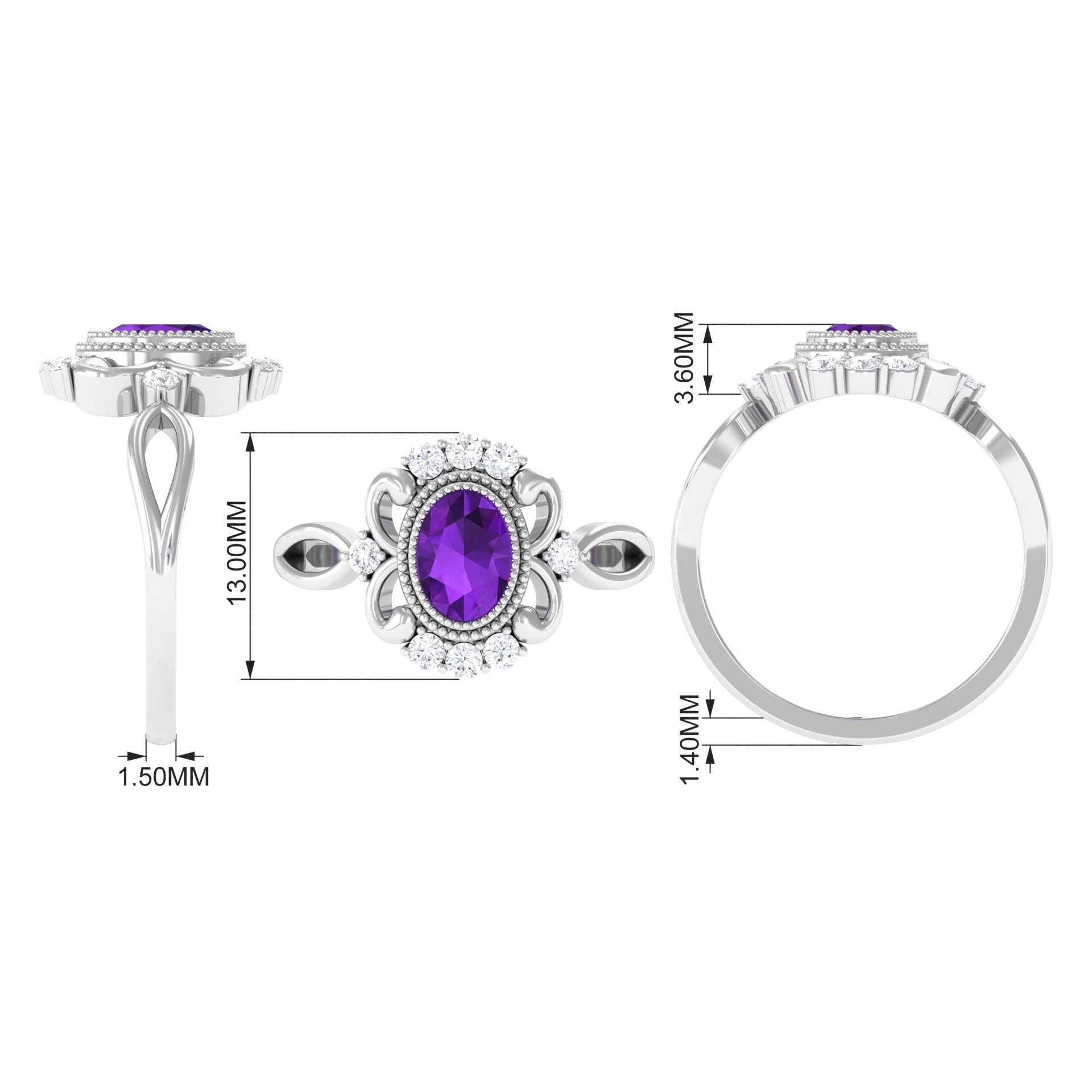 Vintage Inspired 1 Carat Amethyst Oval Engagement Ring with Diamond AAA - Rosec Jewels