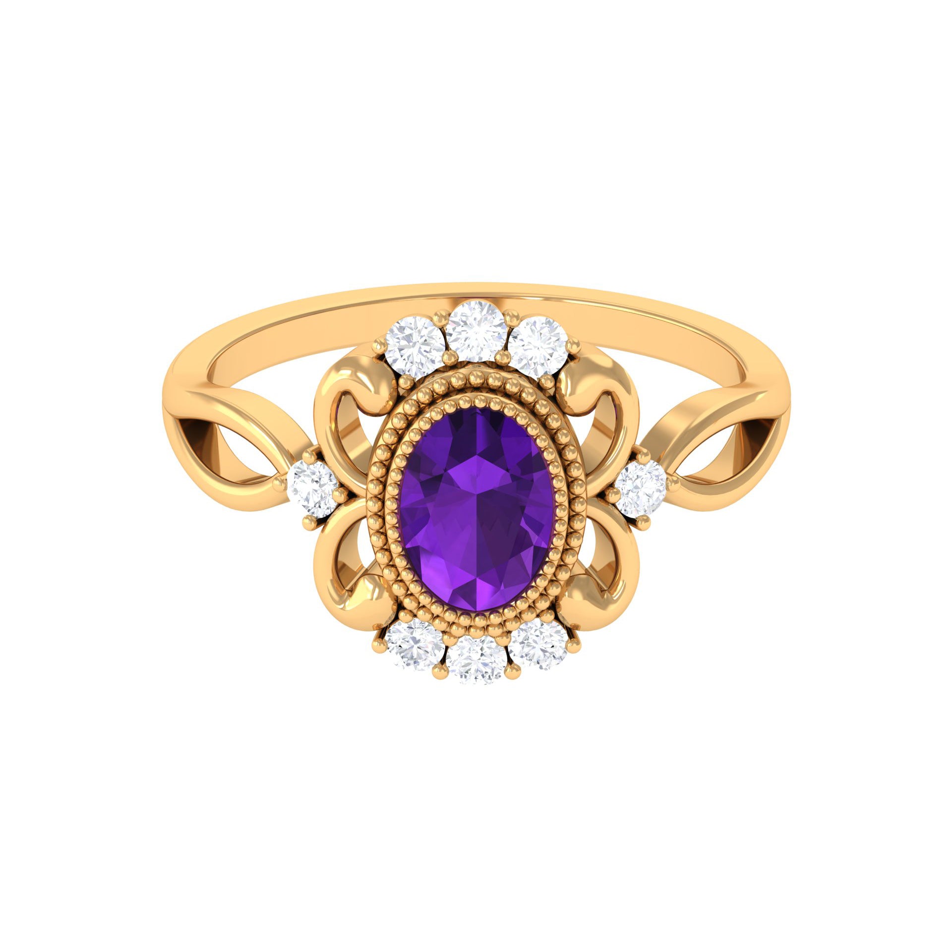 Vintage Inspired 1 Carat Amethyst Oval Engagement Ring with Diamond AAA - Rosec Jewels
