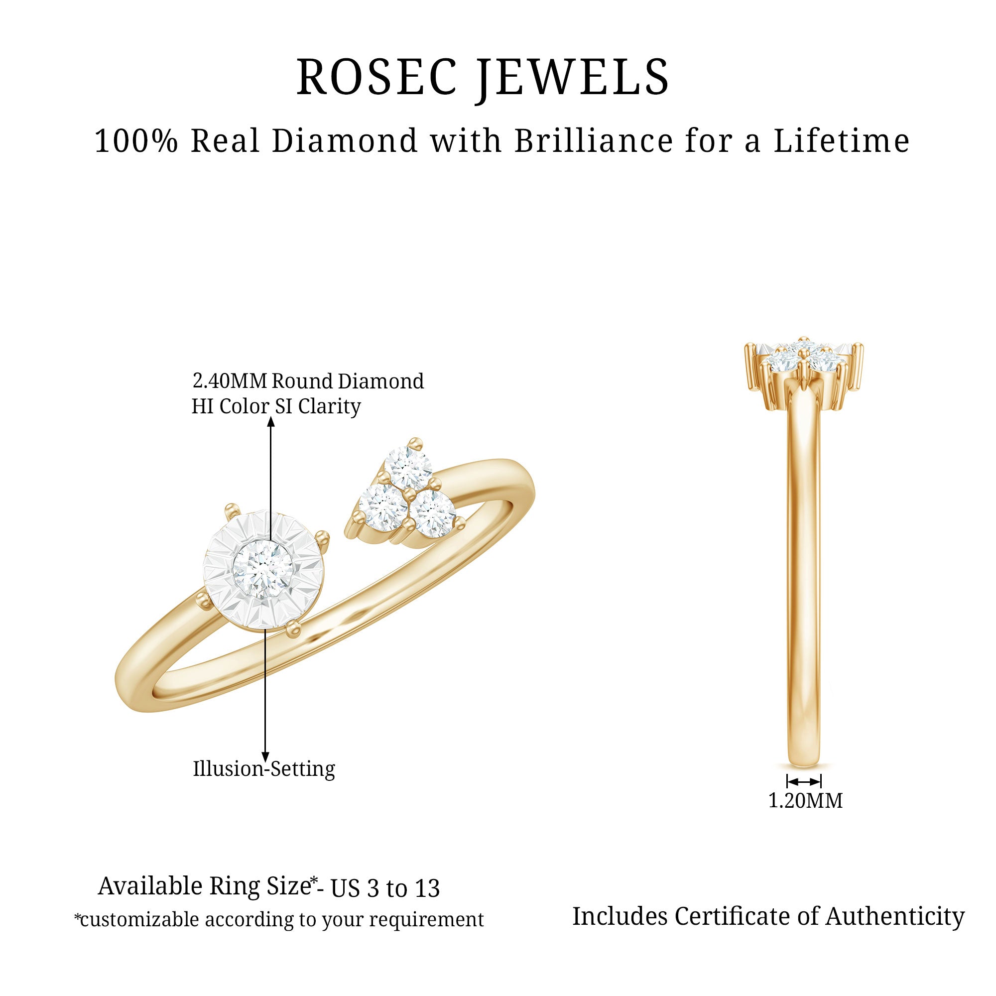 Certified Natural Diamond Cuff Ring for Women Natural - ( HI-SI ) - Rosec Jewels