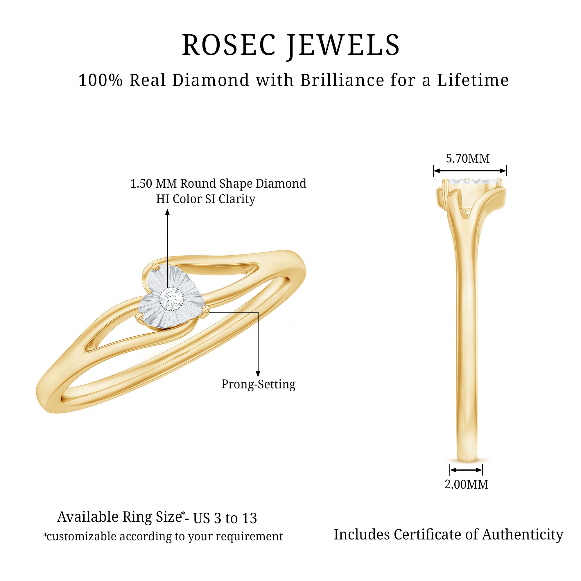 Certified Real Heart Promise Ring with Split Shank Natural - ( HI-SI ) - Rosec Jewels