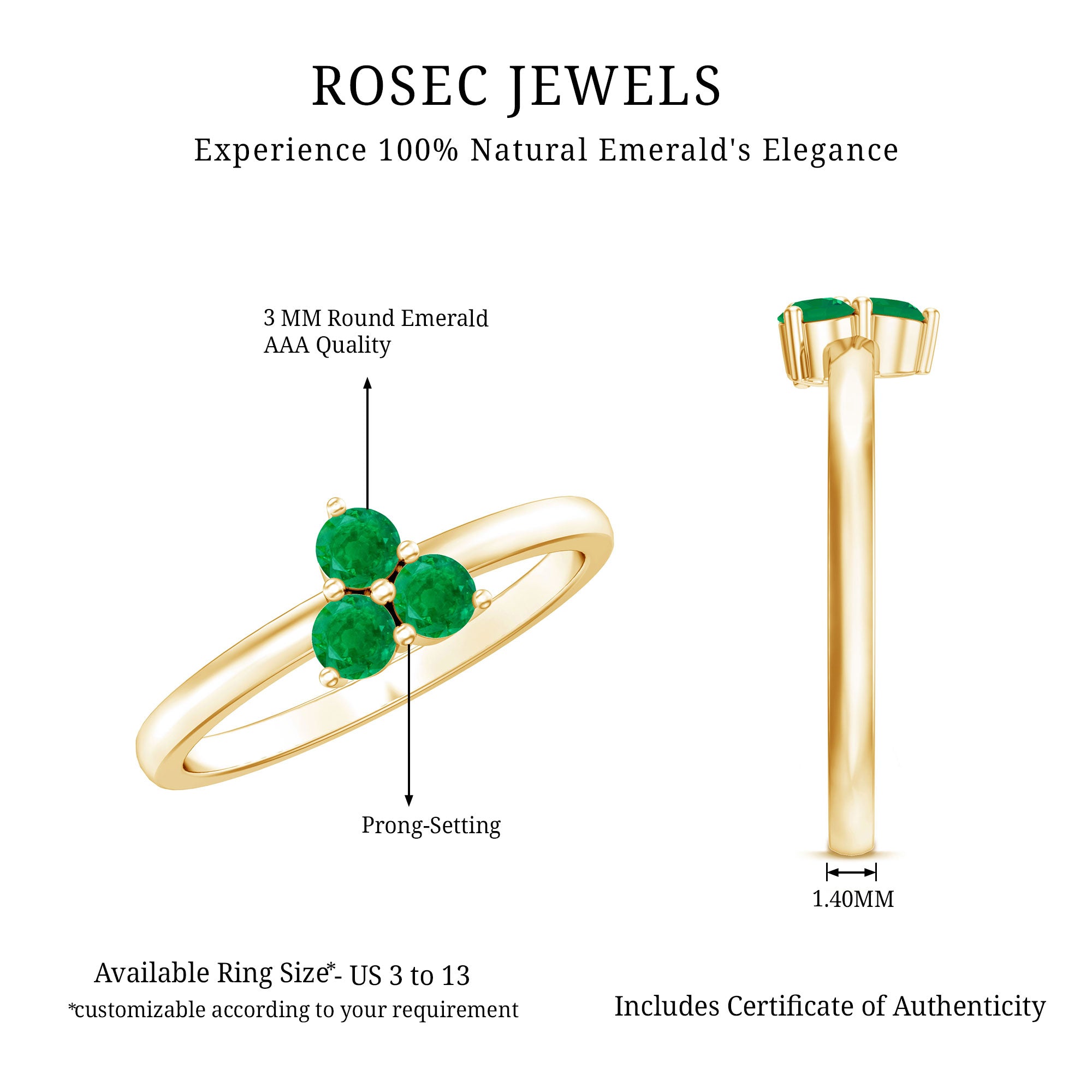 Natural Emerald 3 Stone Promise Ring with Certificate AAA - Rosec Jewels