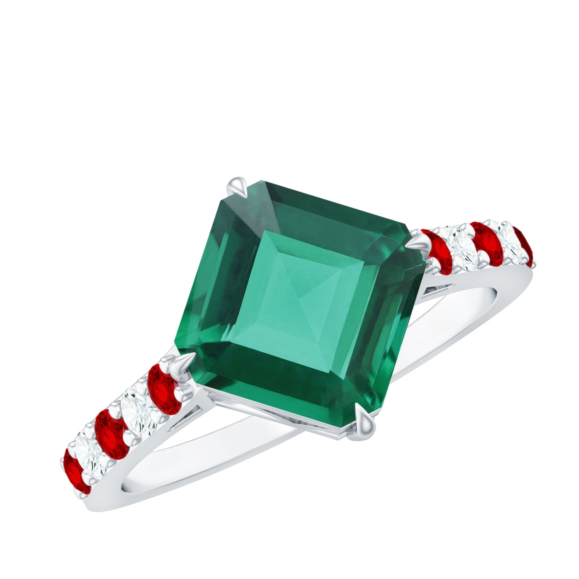 6 Carat Lab Created Emerald Engagement Ring with Lab Ruby and Diamond AAAA - Rosec Jewels