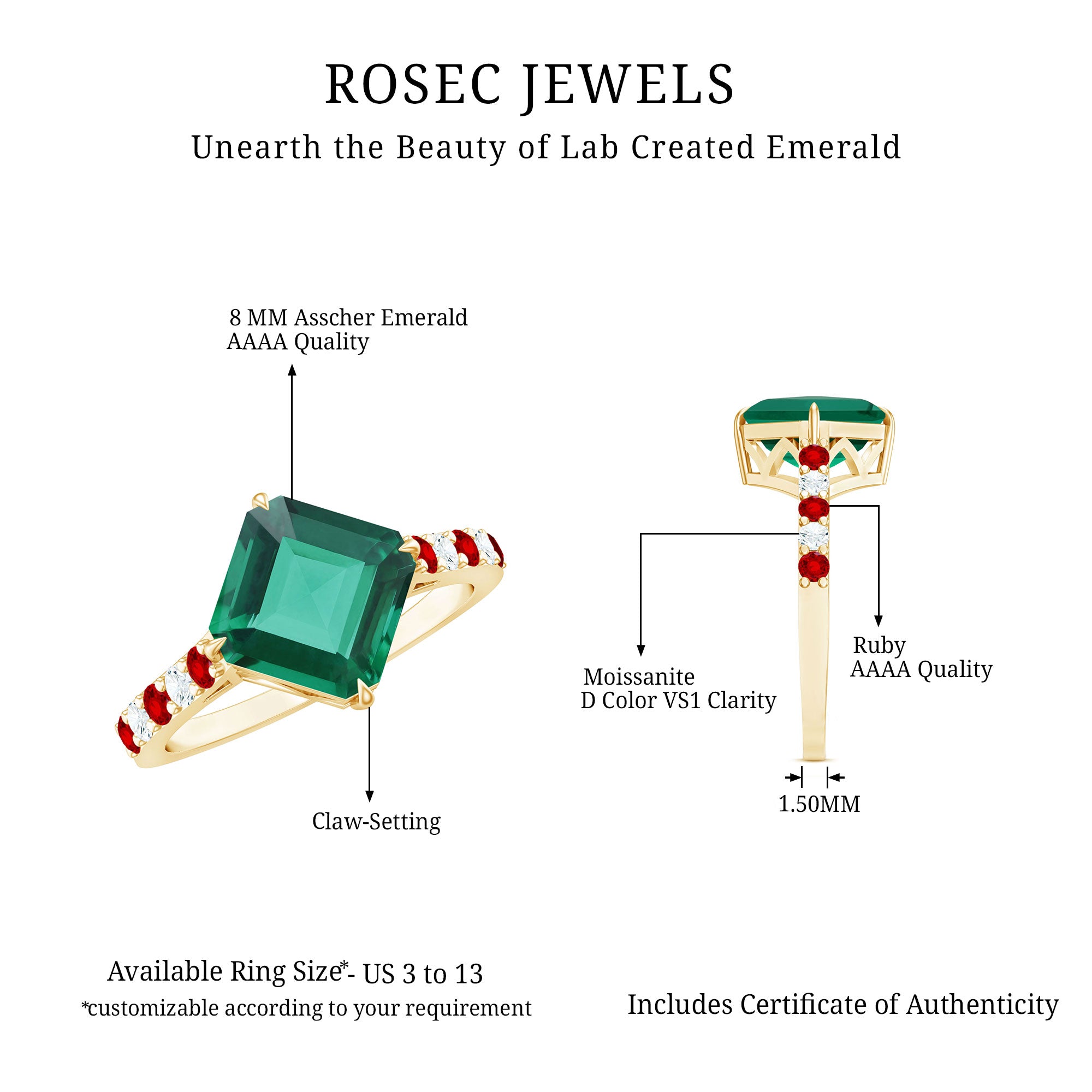6 Carat Lab Created Emerald Engagement Ring with Lab Ruby and Diamond AAAA - Rosec Jewels