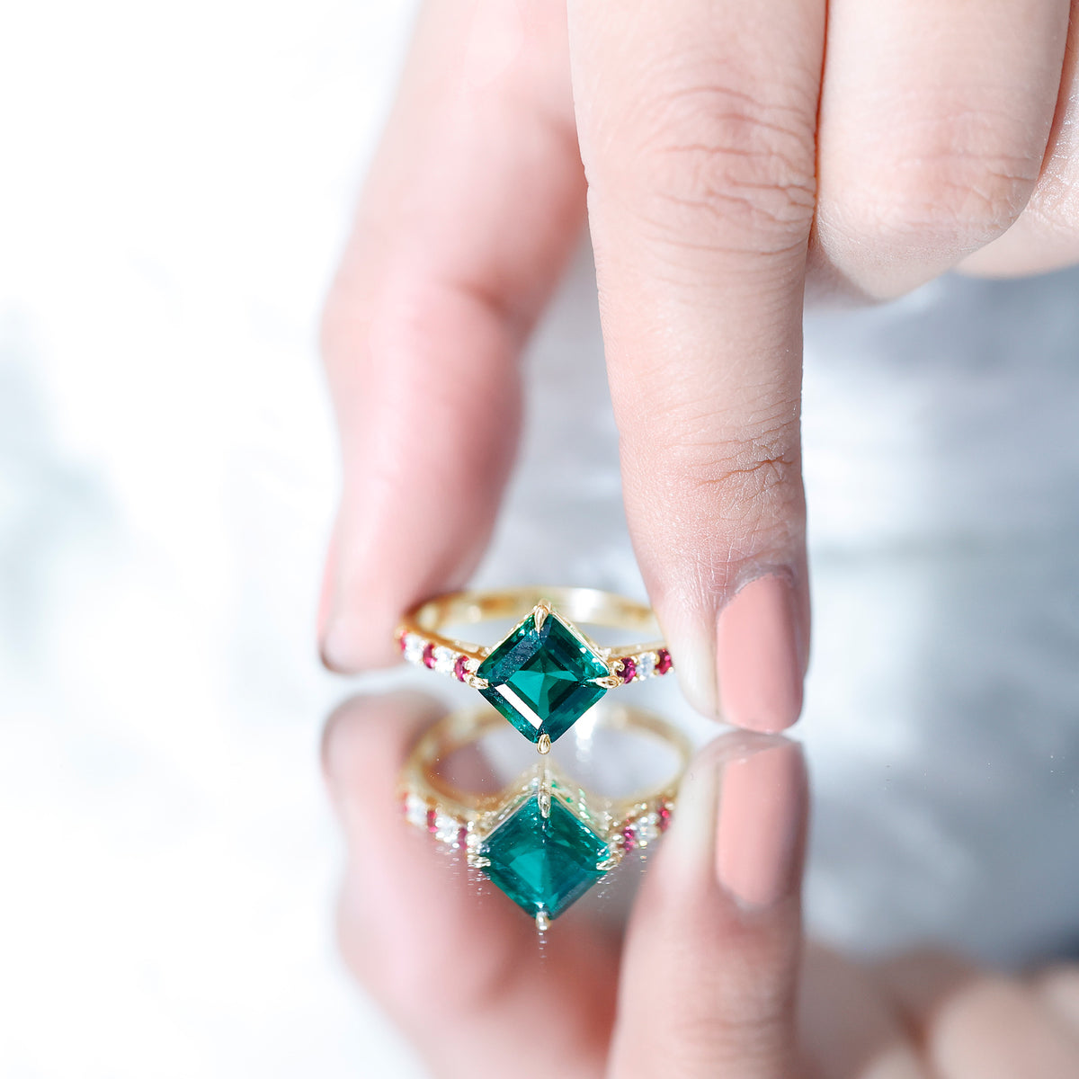 6 Carat Lab Created Emerald Engagement Ring with Lab Ruby and Diamond AAAA - Rosec Jewels