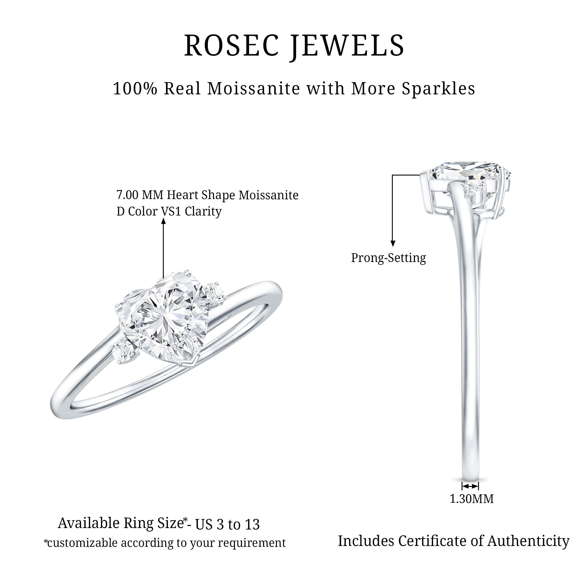 Solitaire Moissanite Heart Engagement Ring in Prong Setting D-VS1 - Rosec Jewels
