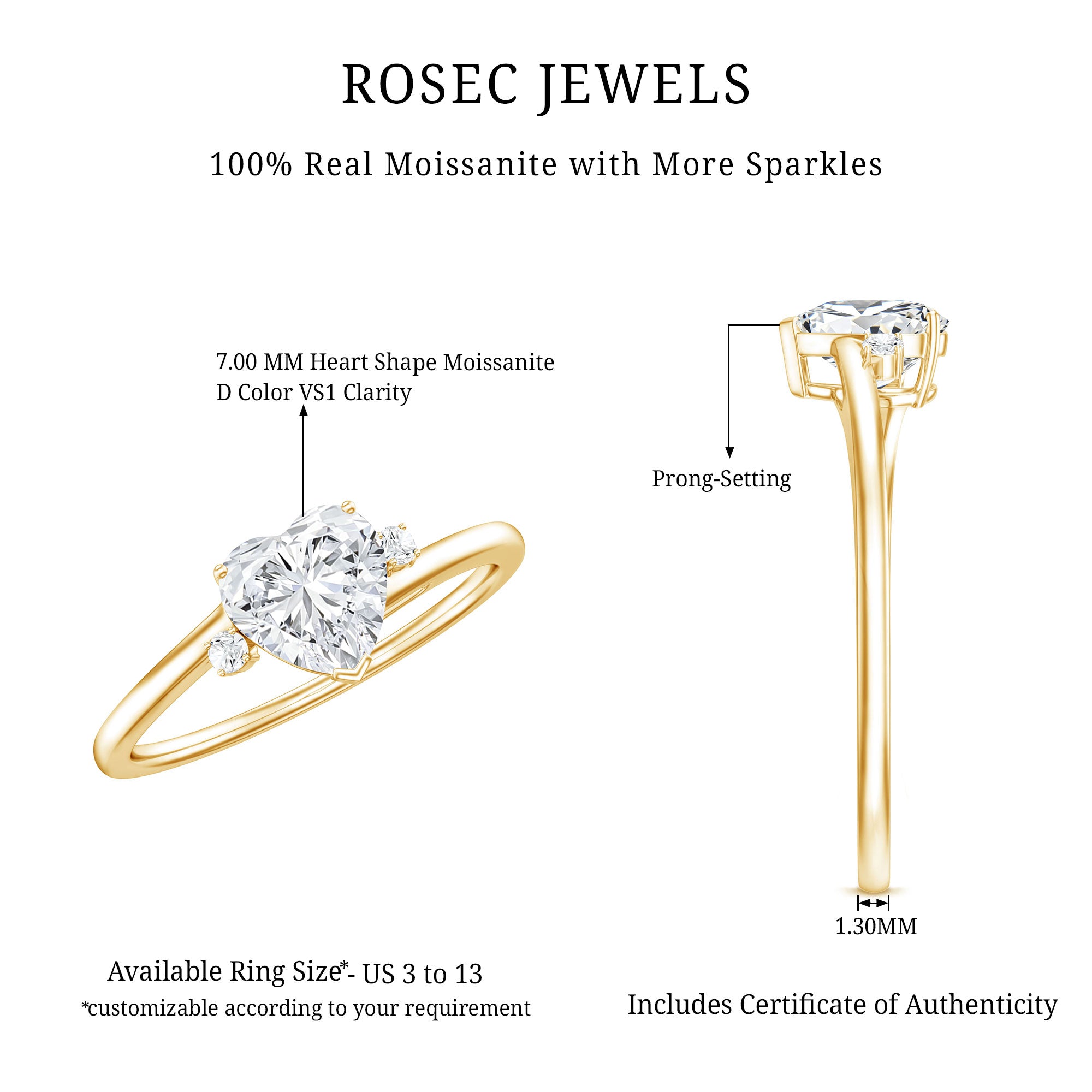 Solitaire Moissanite Heart Engagement Ring in Prong Setting D-VS1 - Rosec Jewels