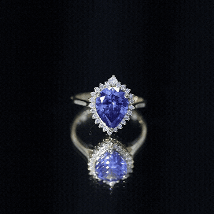 Certified 3 Carat Lab Grown Blue Sapphire Pear Shaped Engagement Ring with Diamond Halo AAAA - Rosec Jewels