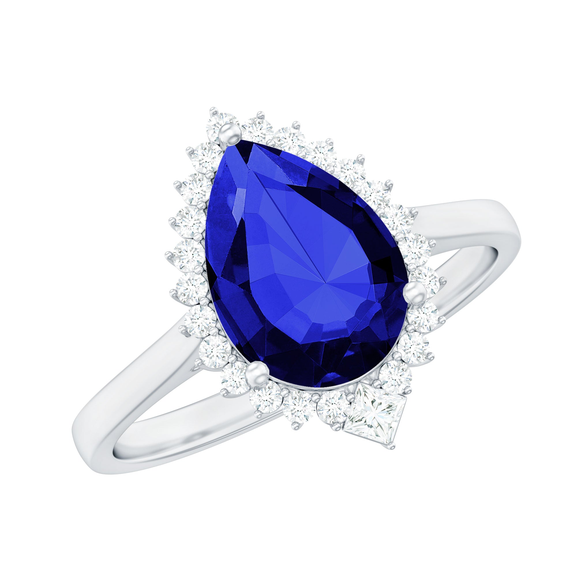 Certified 3 Carat Lab Grown Blue Sapphire Pear Shaped Engagement Ring with Diamond Halo