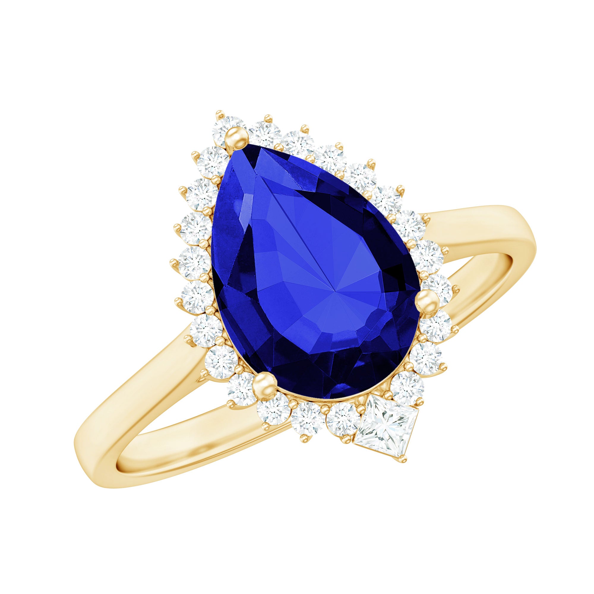 Certified 3 Carat Lab Grown Blue Sapphire Pear Shaped Engagement Ring with Diamond Halo AAAA - Rosec Jewels