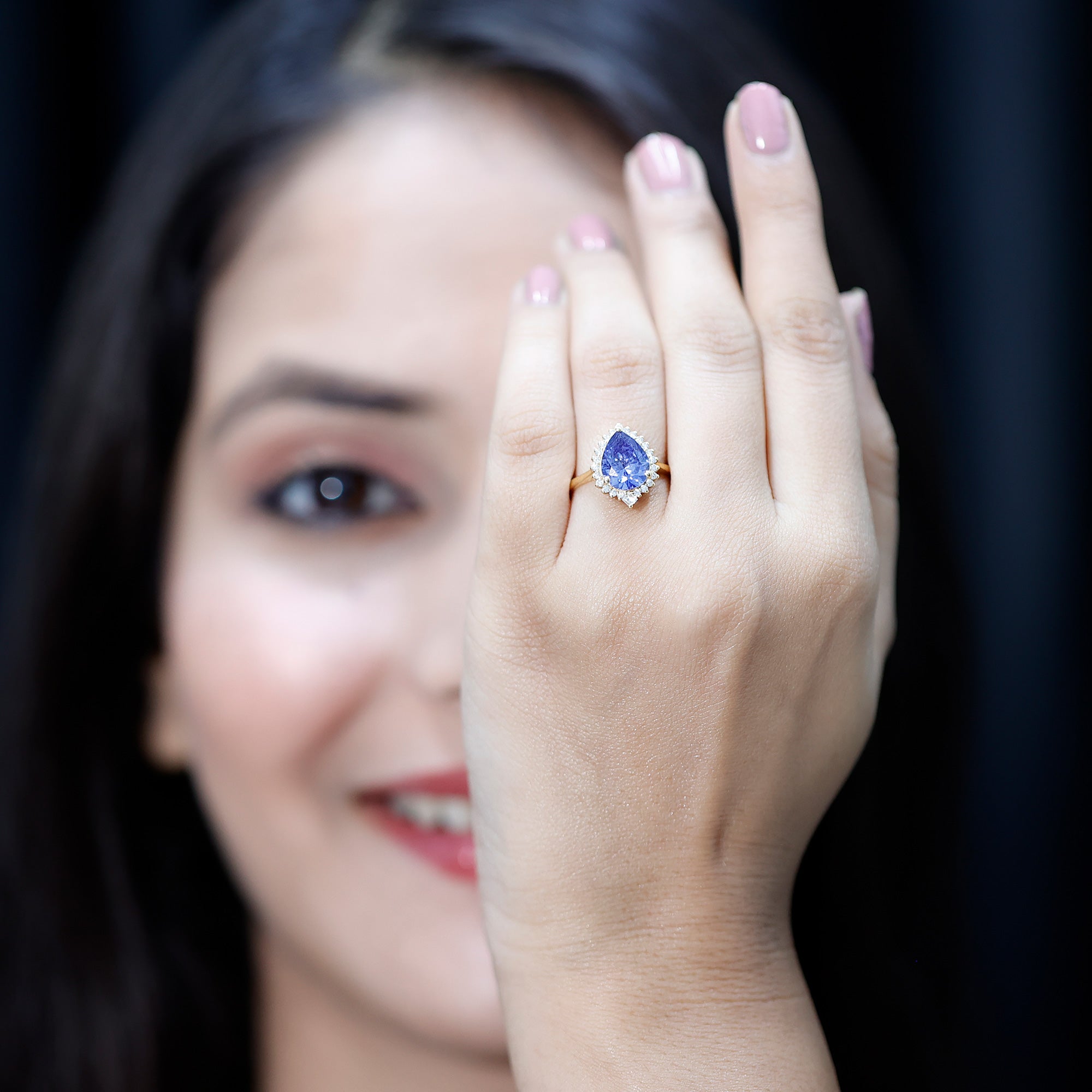Certified 3 Carat Lab Grown Blue Sapphire Pear Shaped Engagement Ring with Diamond Halo AAAA - Rosec Jewels