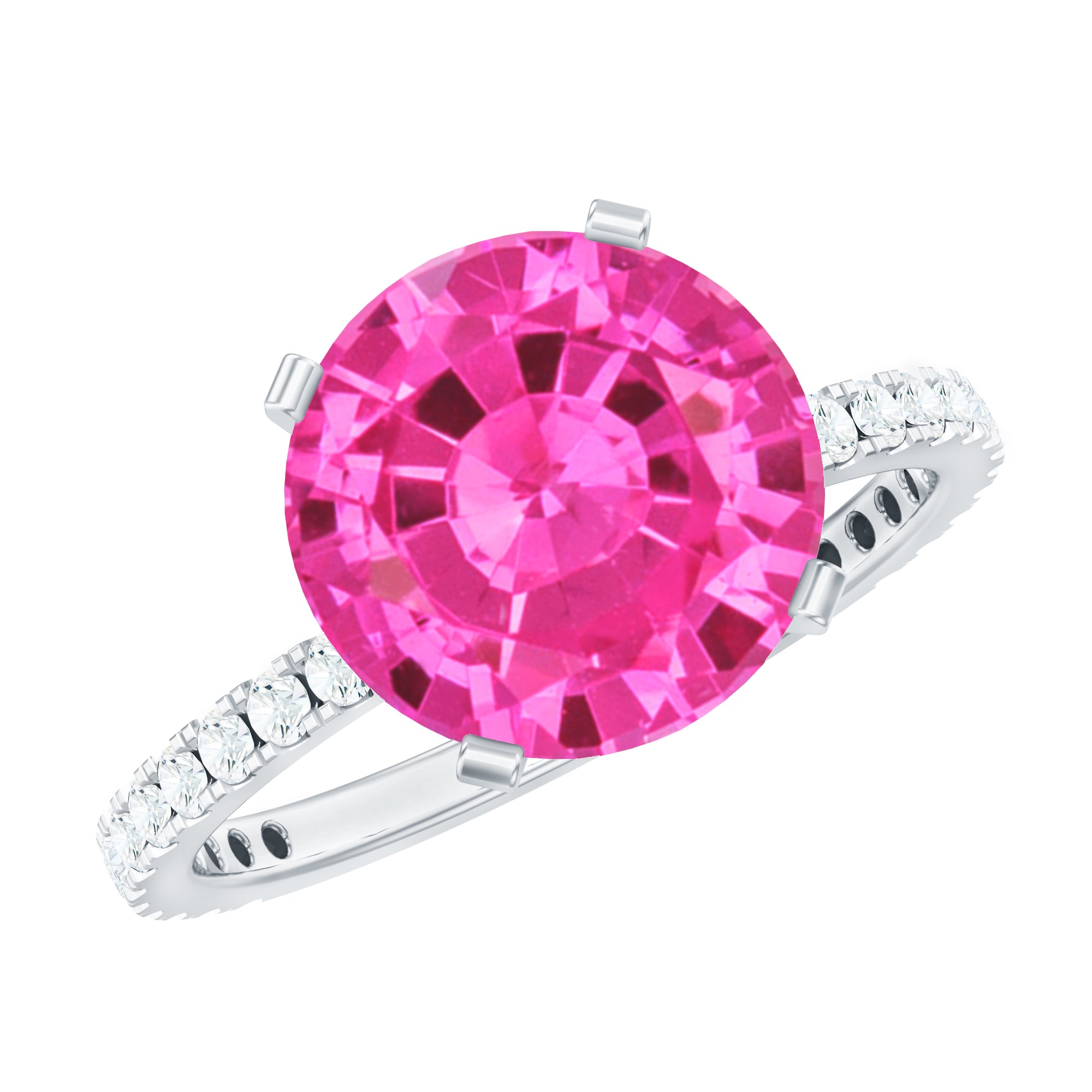 Round Created Pink Sapphire Solitaire Engagement Ring with Diamond