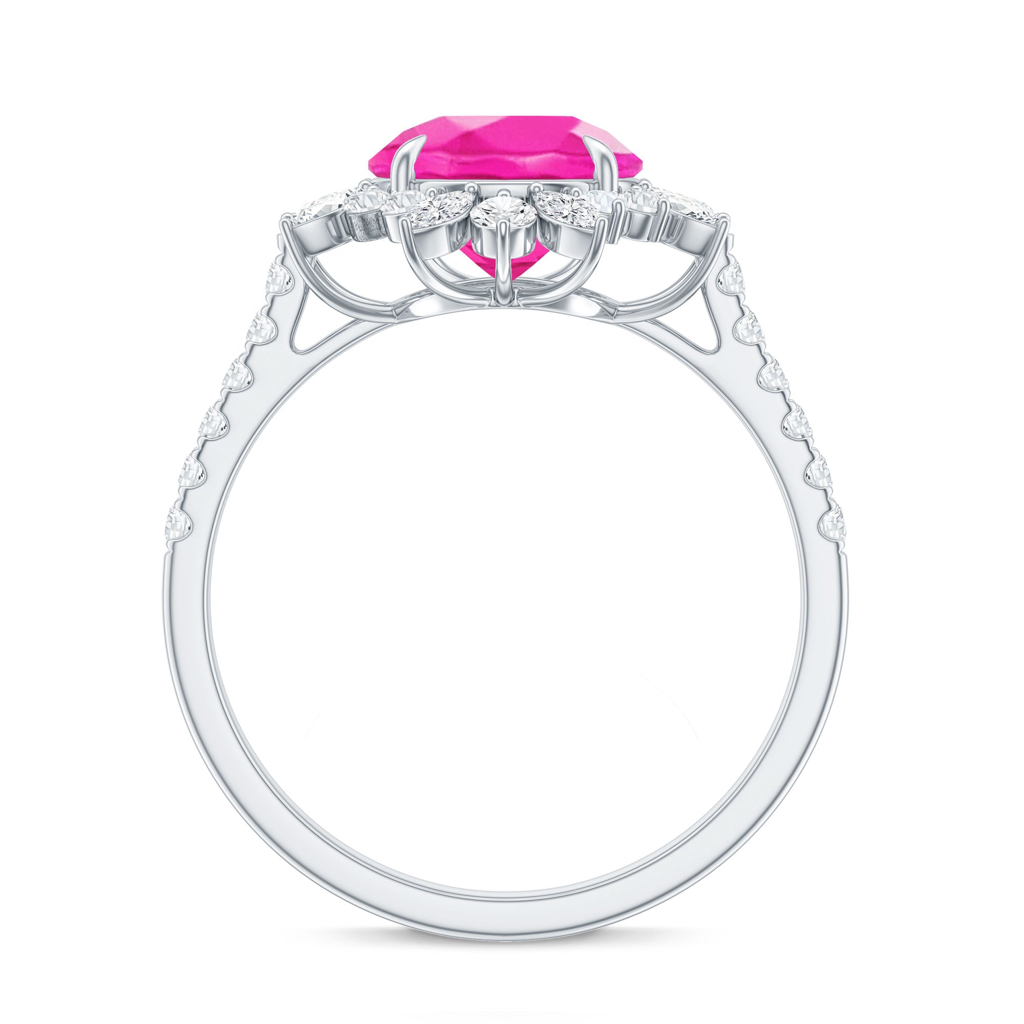 Created Pink Sapphire Cocktail Ring with Moissanite Floral Halo AAAA - Rosec Jewels