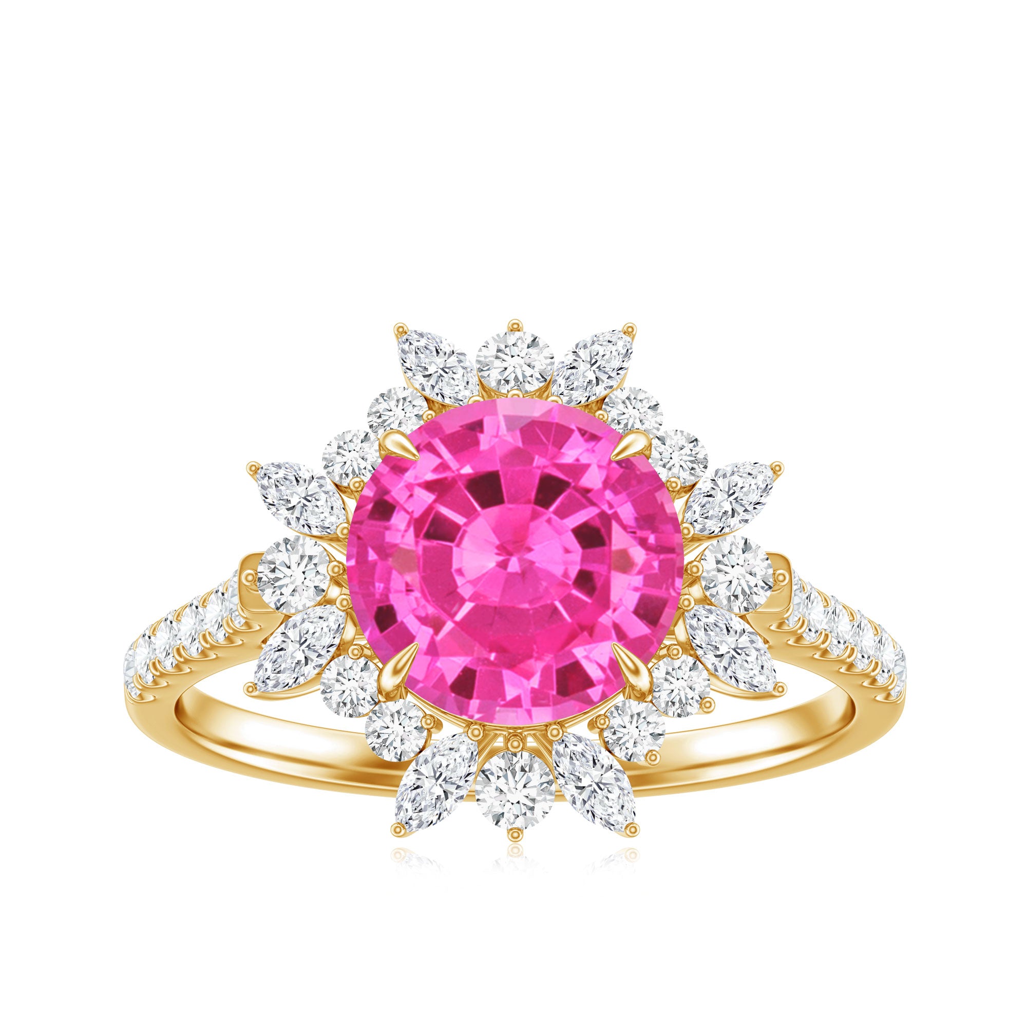 Created Pink Sapphire Cocktail Ring with Moissanite Floral Halo AAAA - Rosec Jewels
