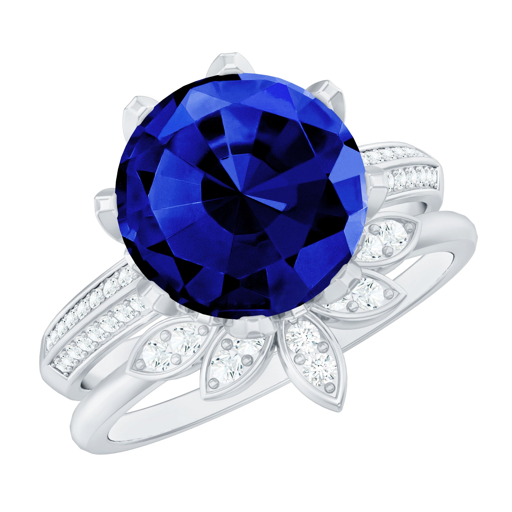 Floral Inspired Lab Grown Blue Sapphire and Diamond Bridal Ring Set