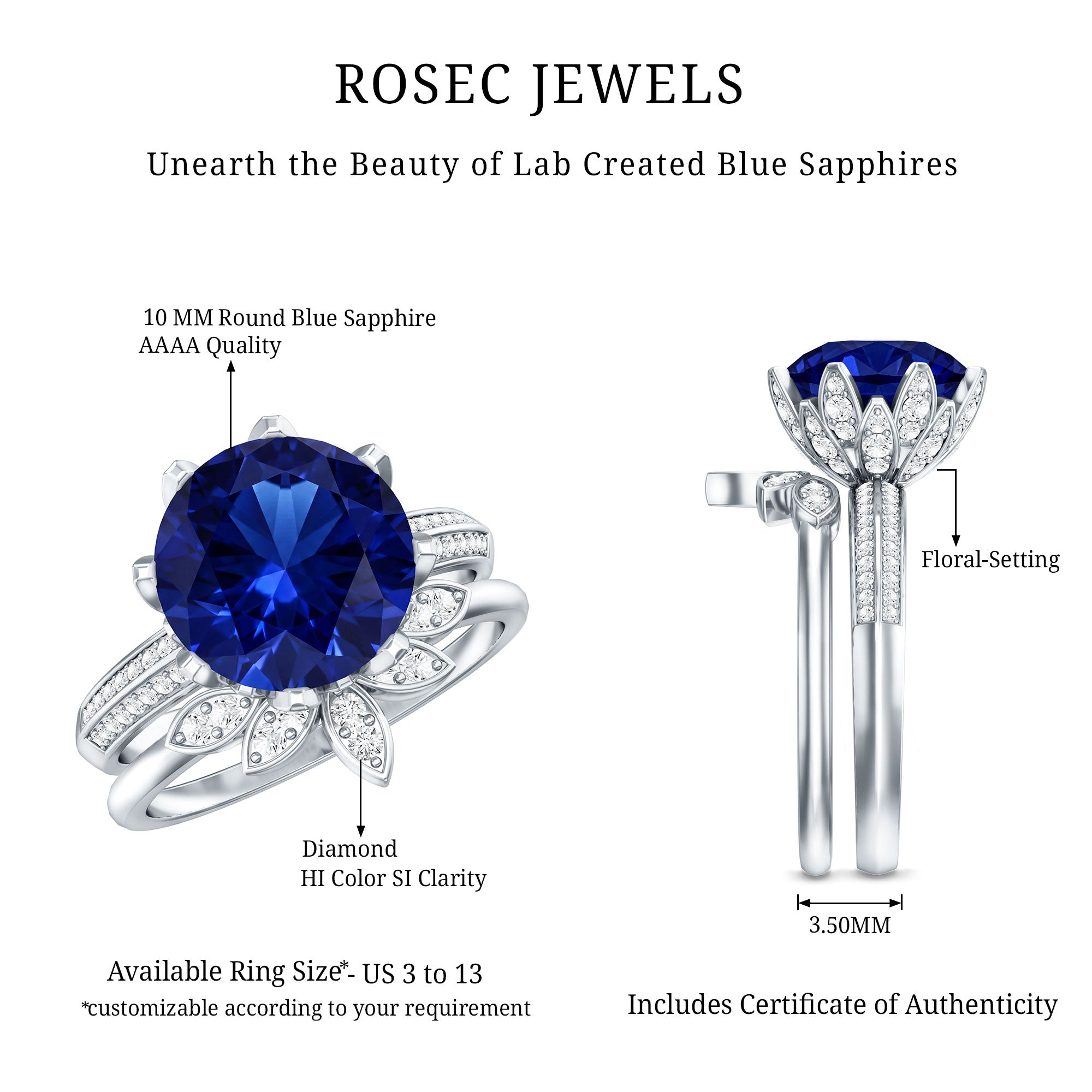 Nature Inspired 4.5 Carat Lab Grown Blue Sapphire Diamond Engagement Ring with Enhancer AAAA - Rosec Jewels