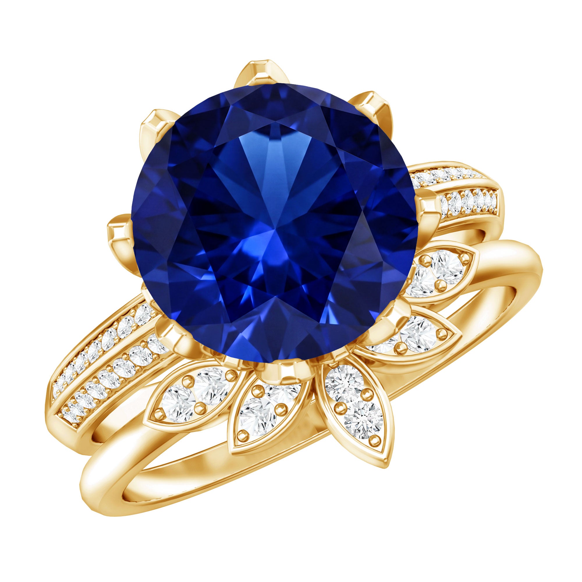 Nature Inspired 4.5 Carat Lab Grown Blue Sapphire Diamond Engagement Ring with Enhancer AAAA - Rosec Jewels