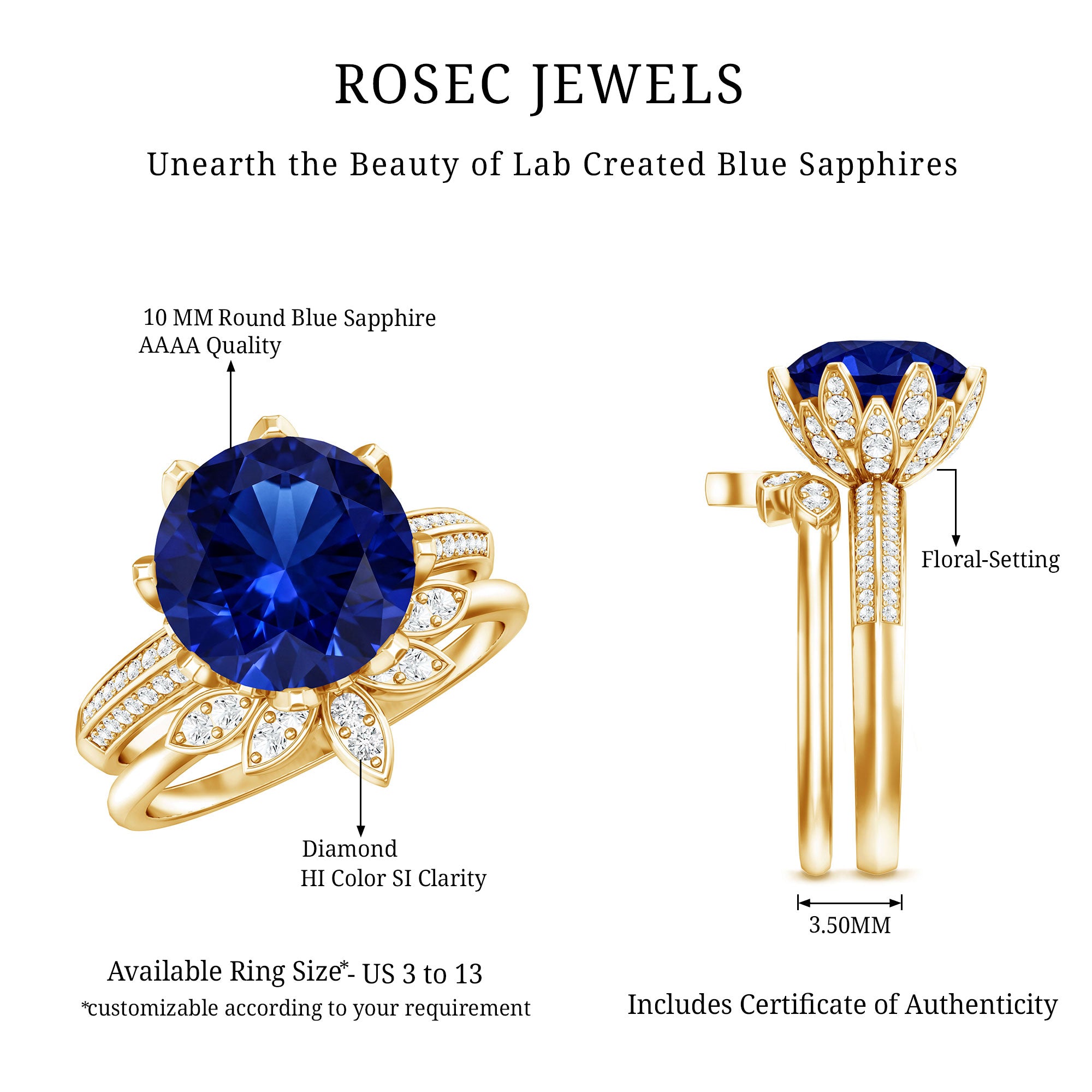 Nature Inspired 4.5 Carat Lab Grown Blue Sapphire Diamond Engagement Ring with Enhancer AAAA - Rosec Jewels