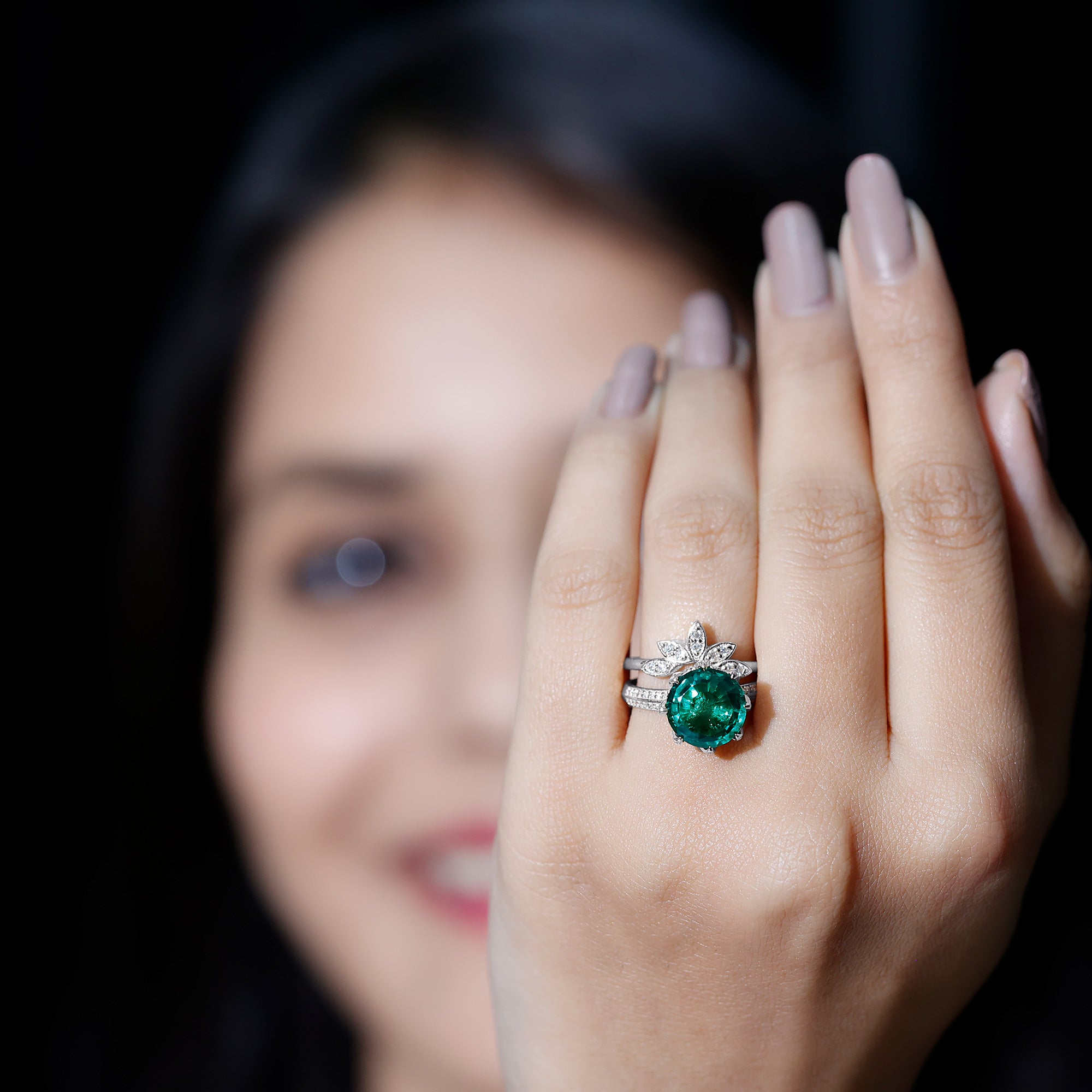 Floral Inspired Lab Grown Emerald Bridal Engagement Ring With Moissanite Enhancer AAAA - Rosec Jewels