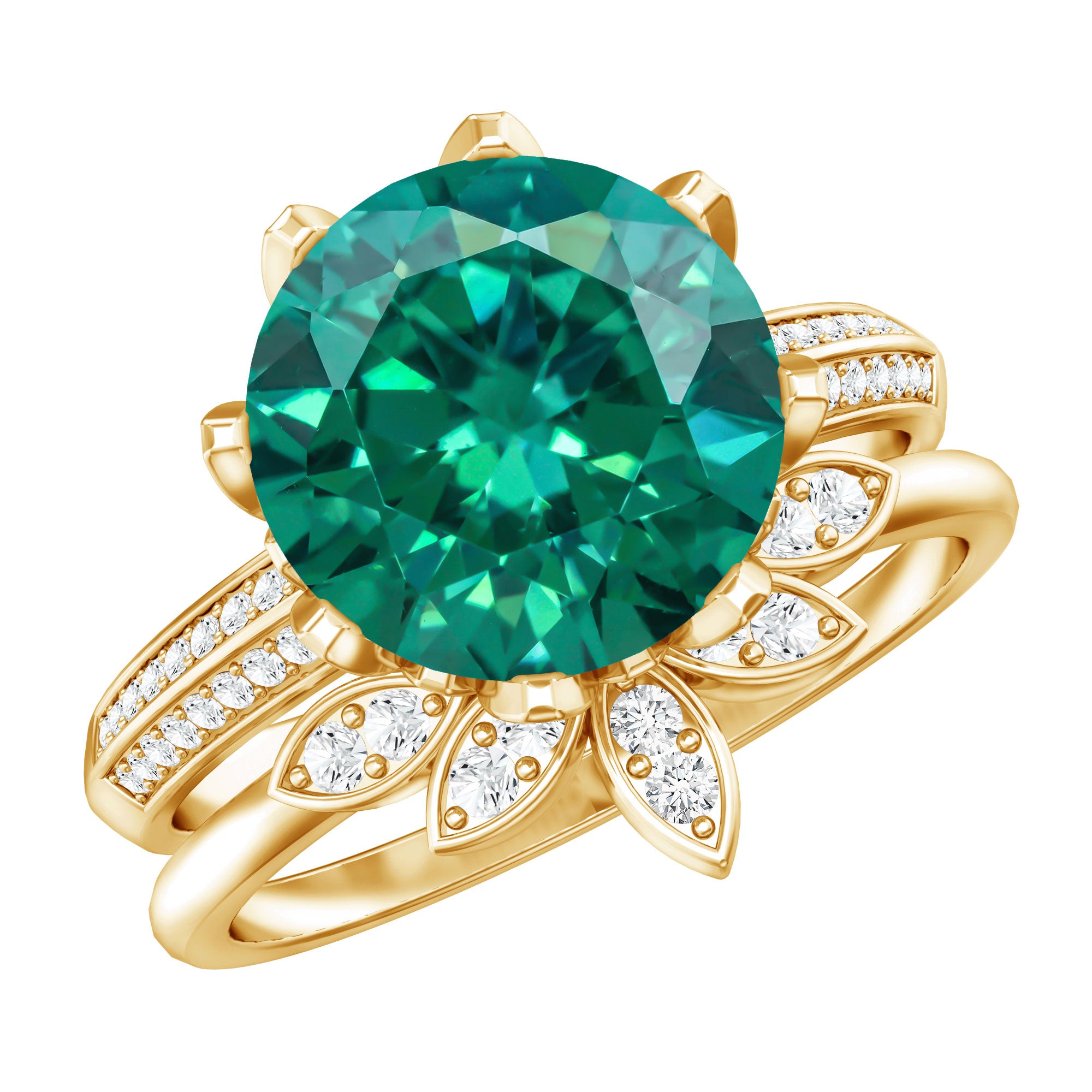 Floral Inspired Lab Grown Emerald Bridal Engagement Ring With Moissanite Enhancer AAAA - Rosec Jewels
