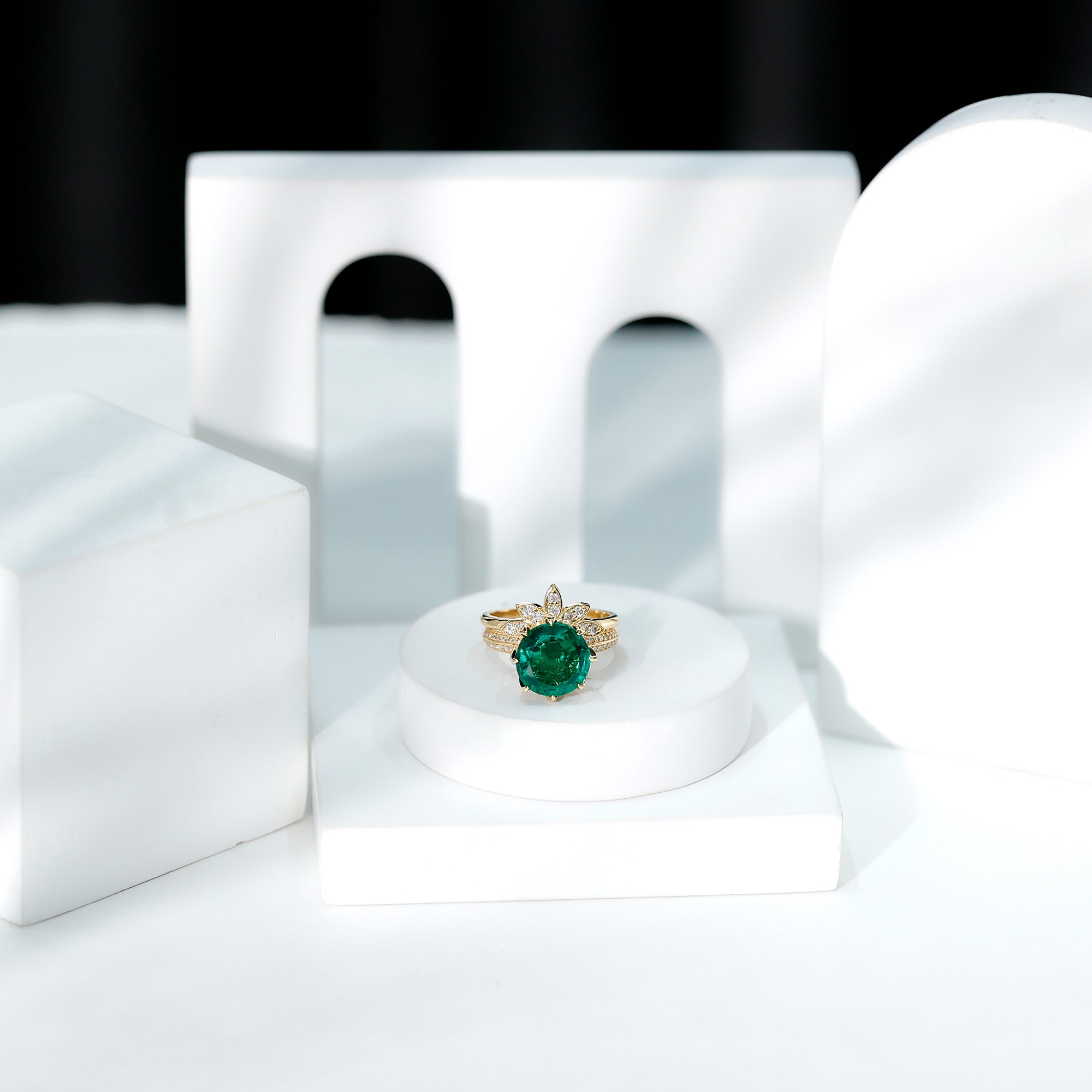 Floral Inspired Lab Grown Emerald Bridal Engagement Ring With Moissanite Enhancer AAAA - Rosec Jewels