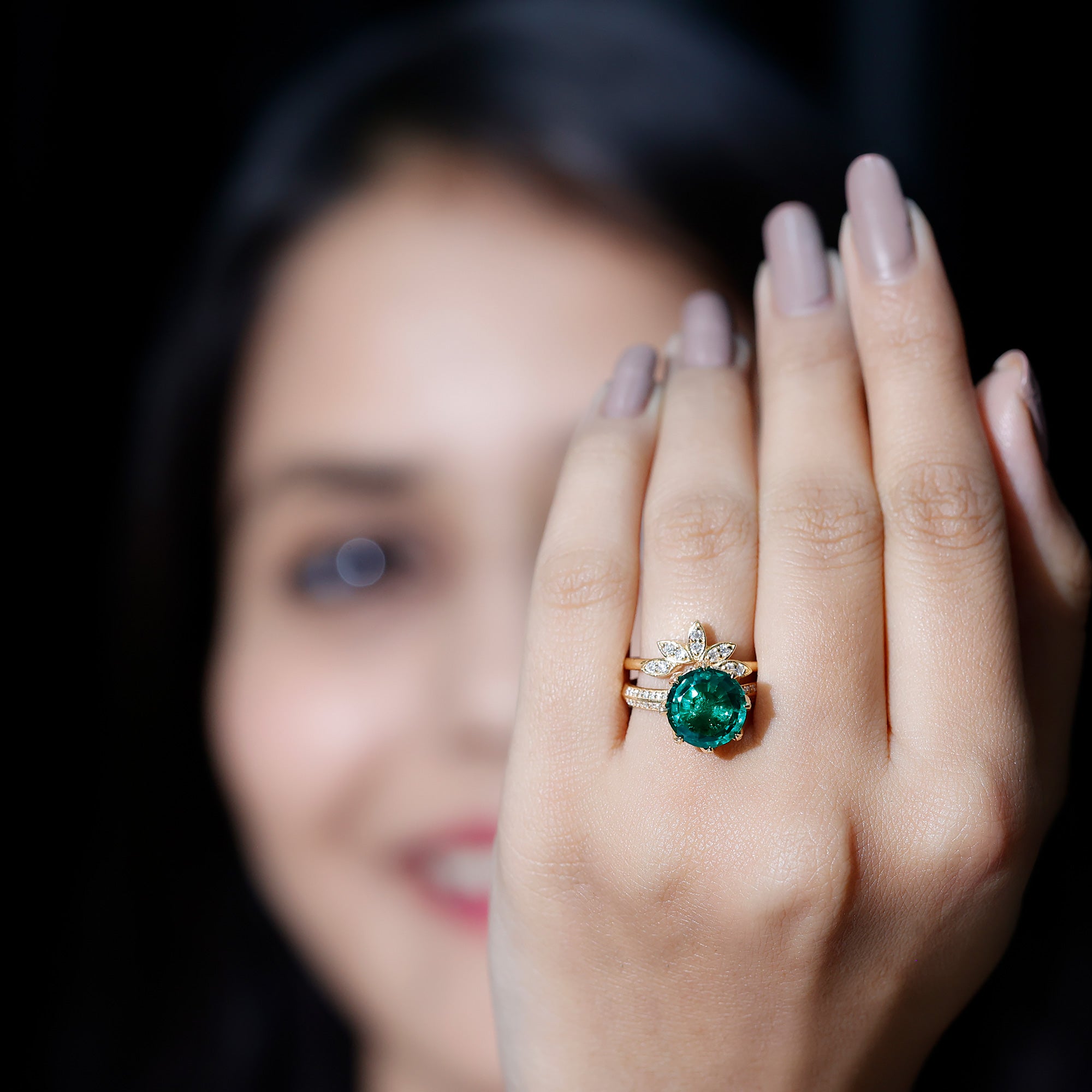 Floral Inspired Lab Grown Emerald Bridal Engagement Ring With Moissanite Enhancer AAAA - Rosec Jewels