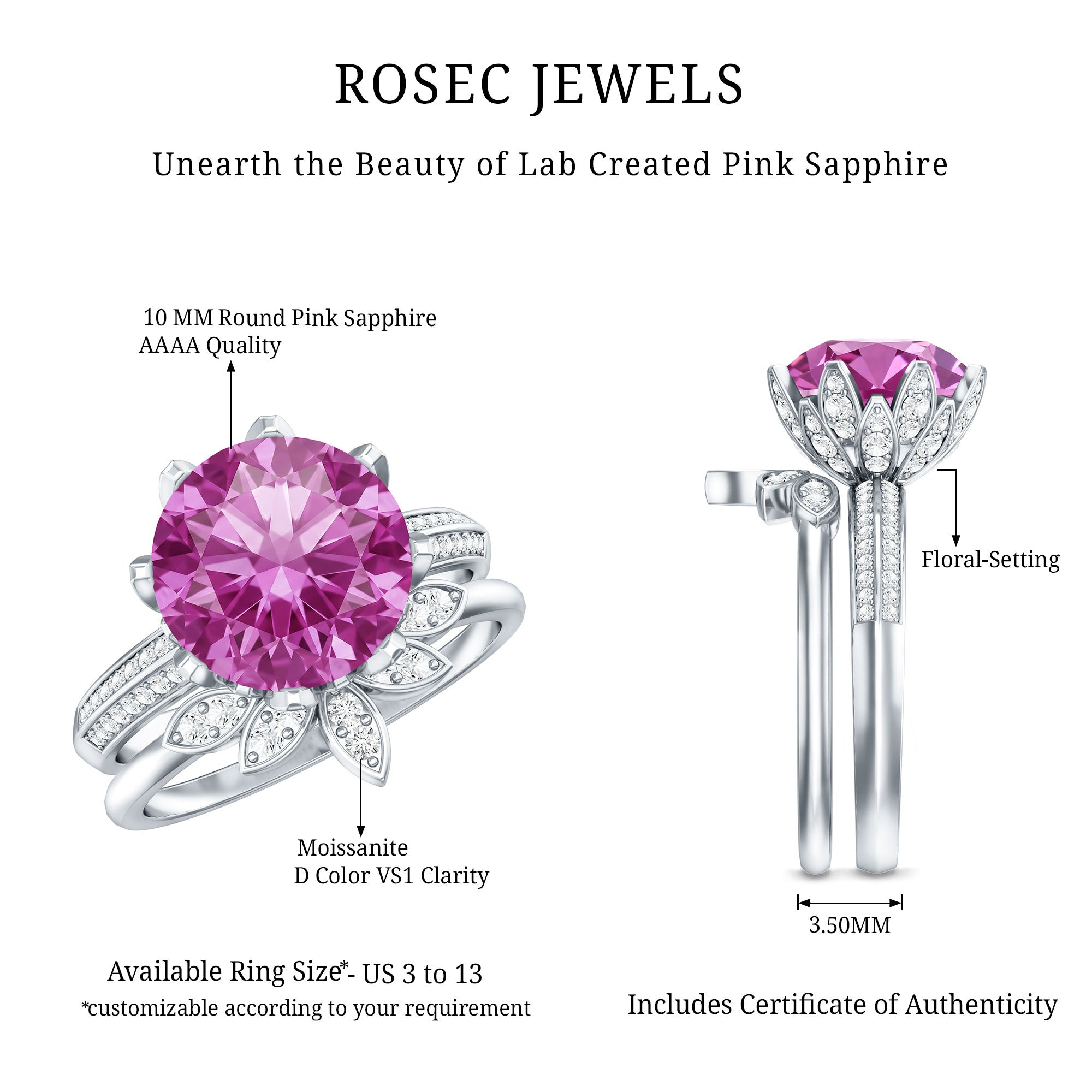 Floral Inspired Lab Grown Pink Sapphire Bridal Wedding Ring Set With Moissanite AAAA - Rosec Jewels
