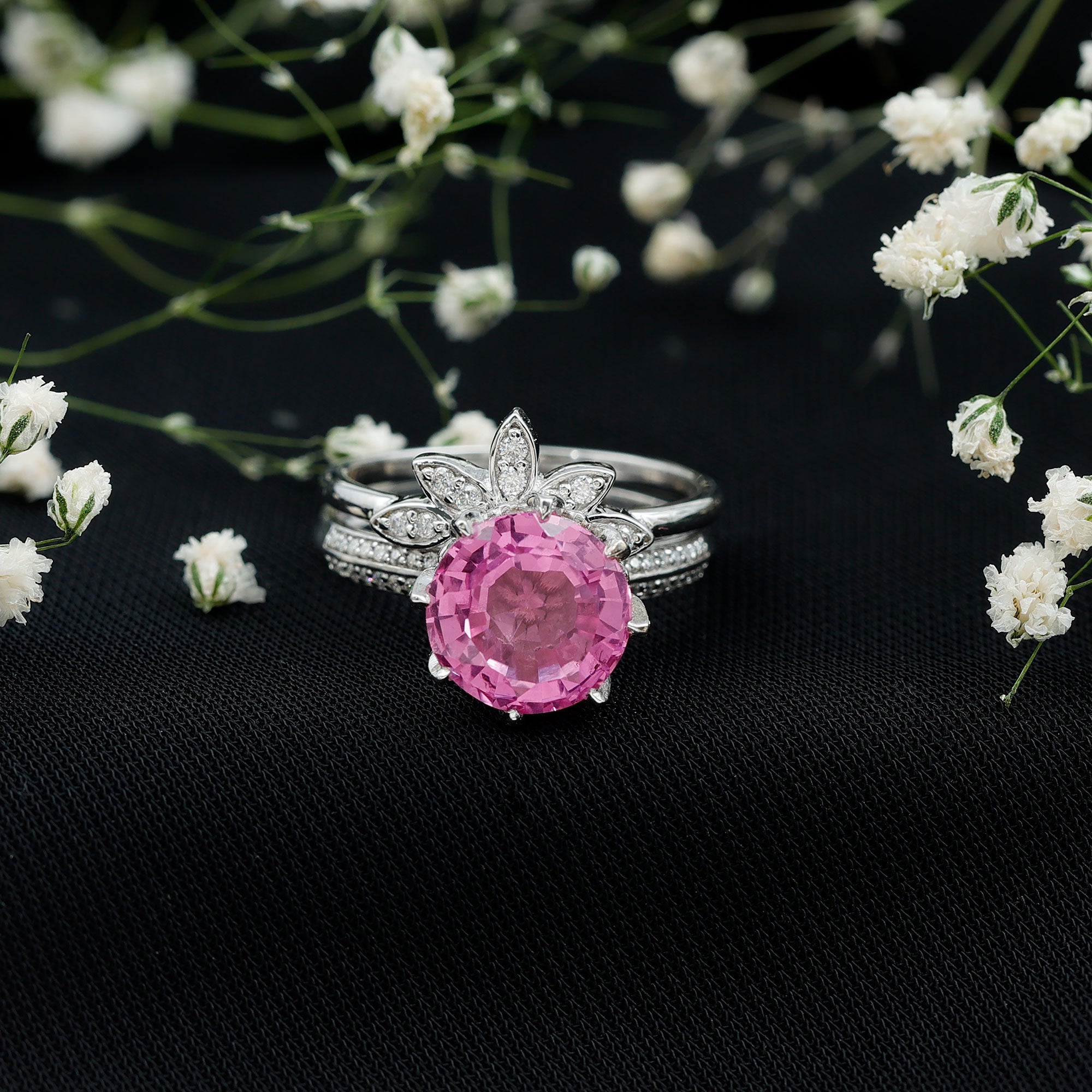 Floral Inspired Lab Grown Pink Sapphire Bridal Wedding Ring Set With Moissanite AAAA - Rosec Jewels