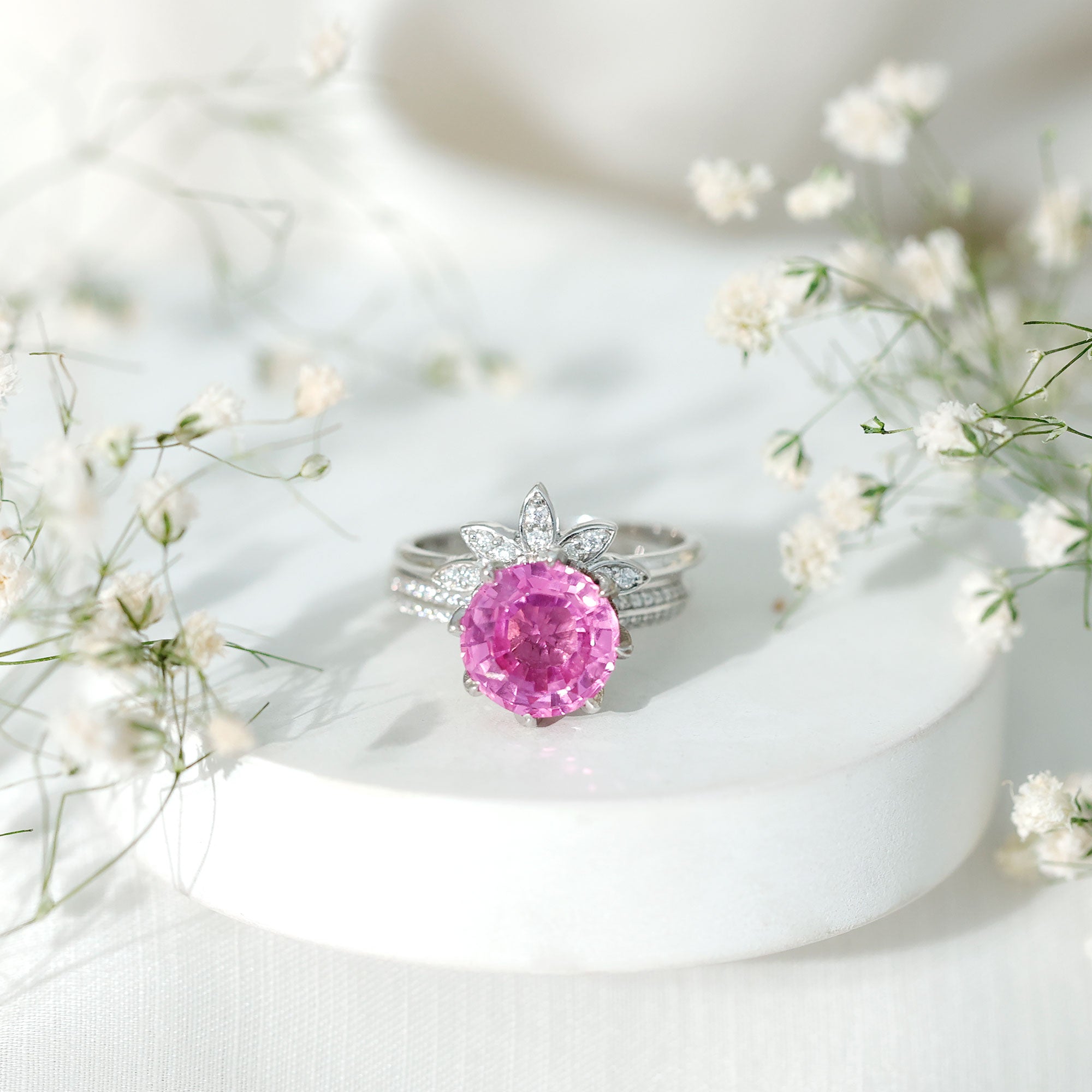 Floral Inspired Lab Grown Pink Sapphire Bridal Wedding Ring Set With Moissanite AAAA - Rosec Jewels