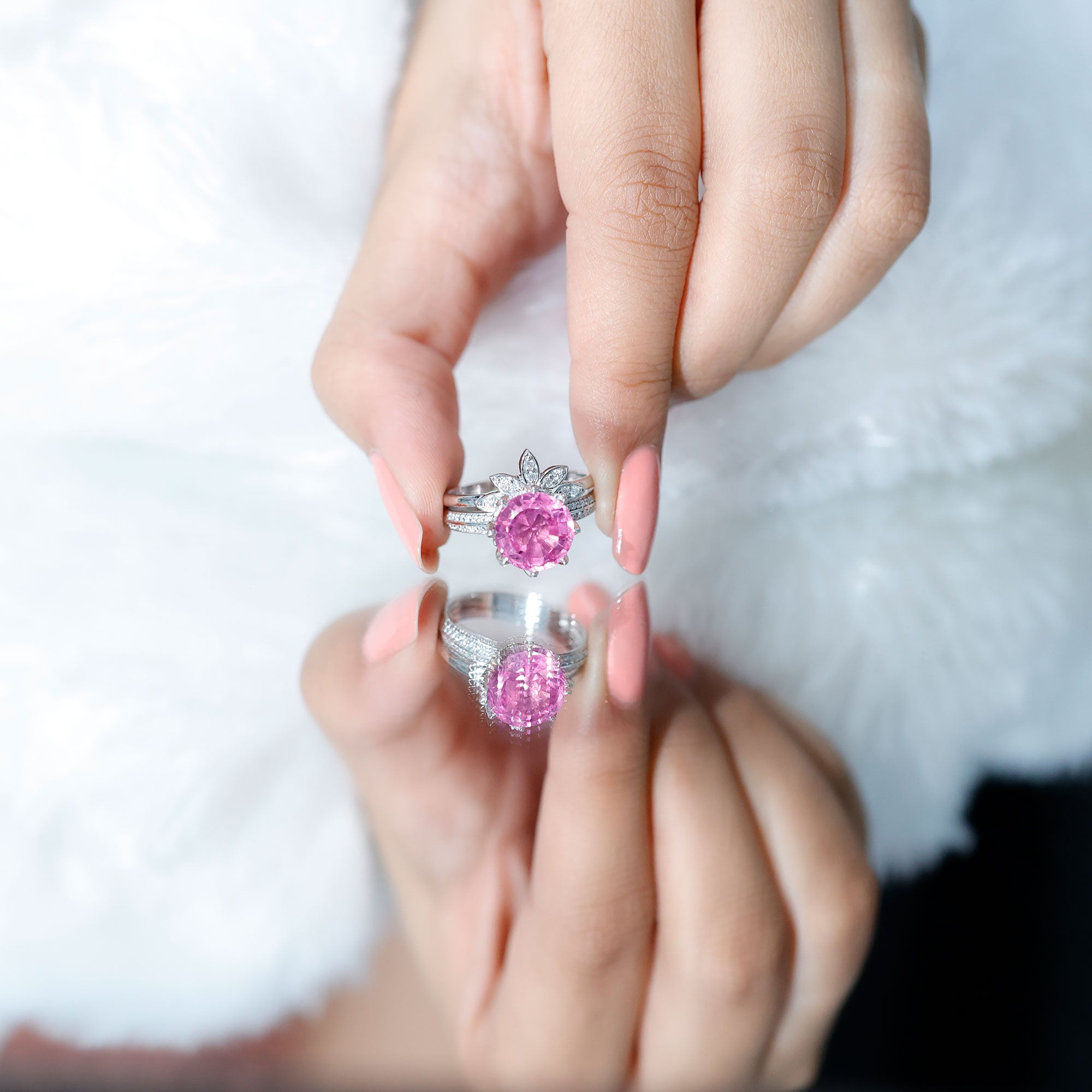 Floral Inspired Lab Grown Pink Sapphire Bridal Wedding Ring Set With Moissanite AAAA - Rosec Jewels