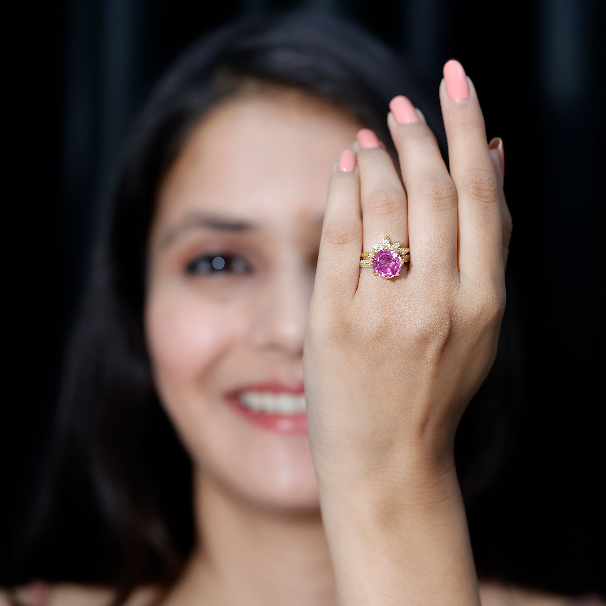 Floral Inspired Lab Grown Pink Sapphire Bridal Wedding Ring Set With Moissanite AAAA - Rosec Jewels