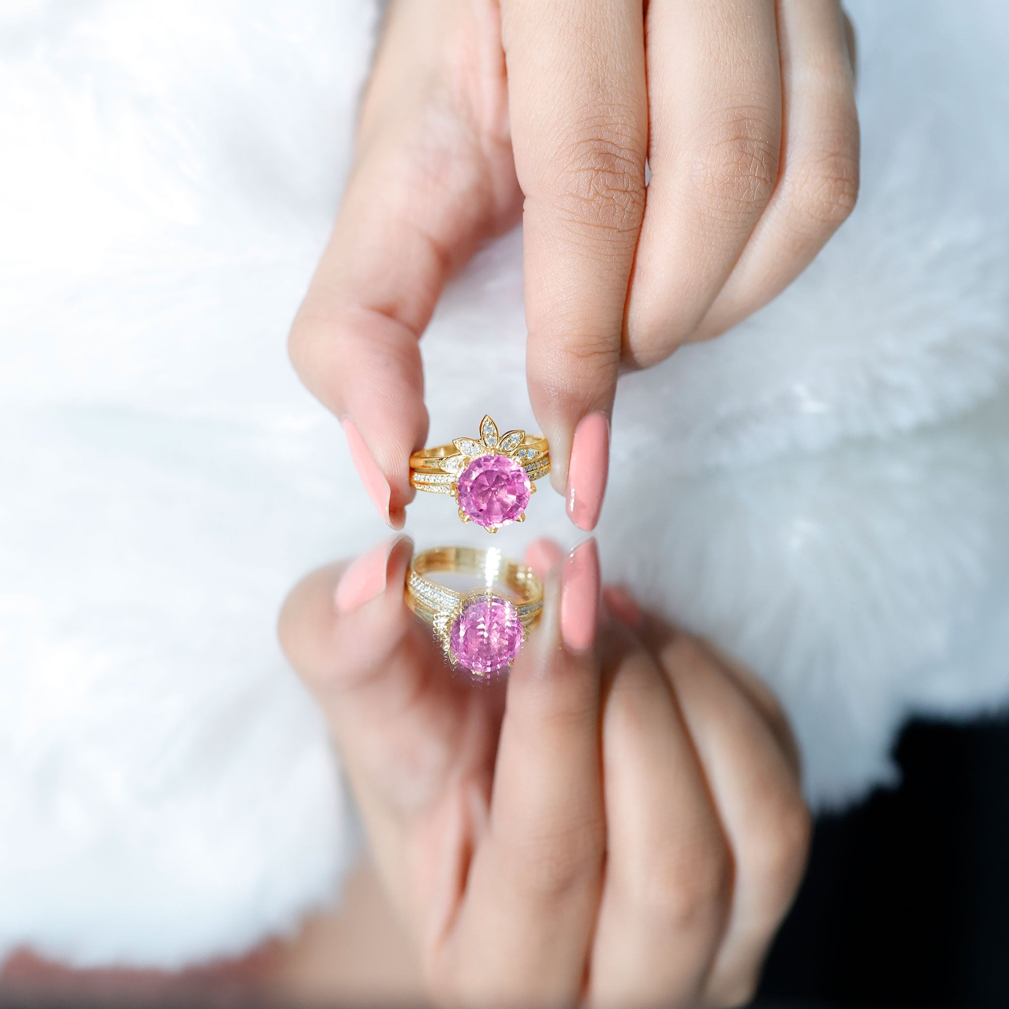 Floral Inspired Lab Grown Pink Sapphire Bridal Wedding Ring Set With Moissanite AAAA - Rosec Jewels