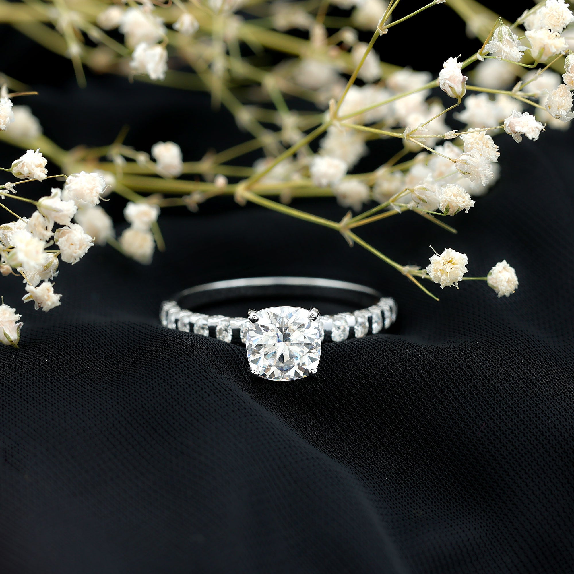 Cushion Cut Zircon Engagement Ring with Side Stones AAAA - Rosec Jewels