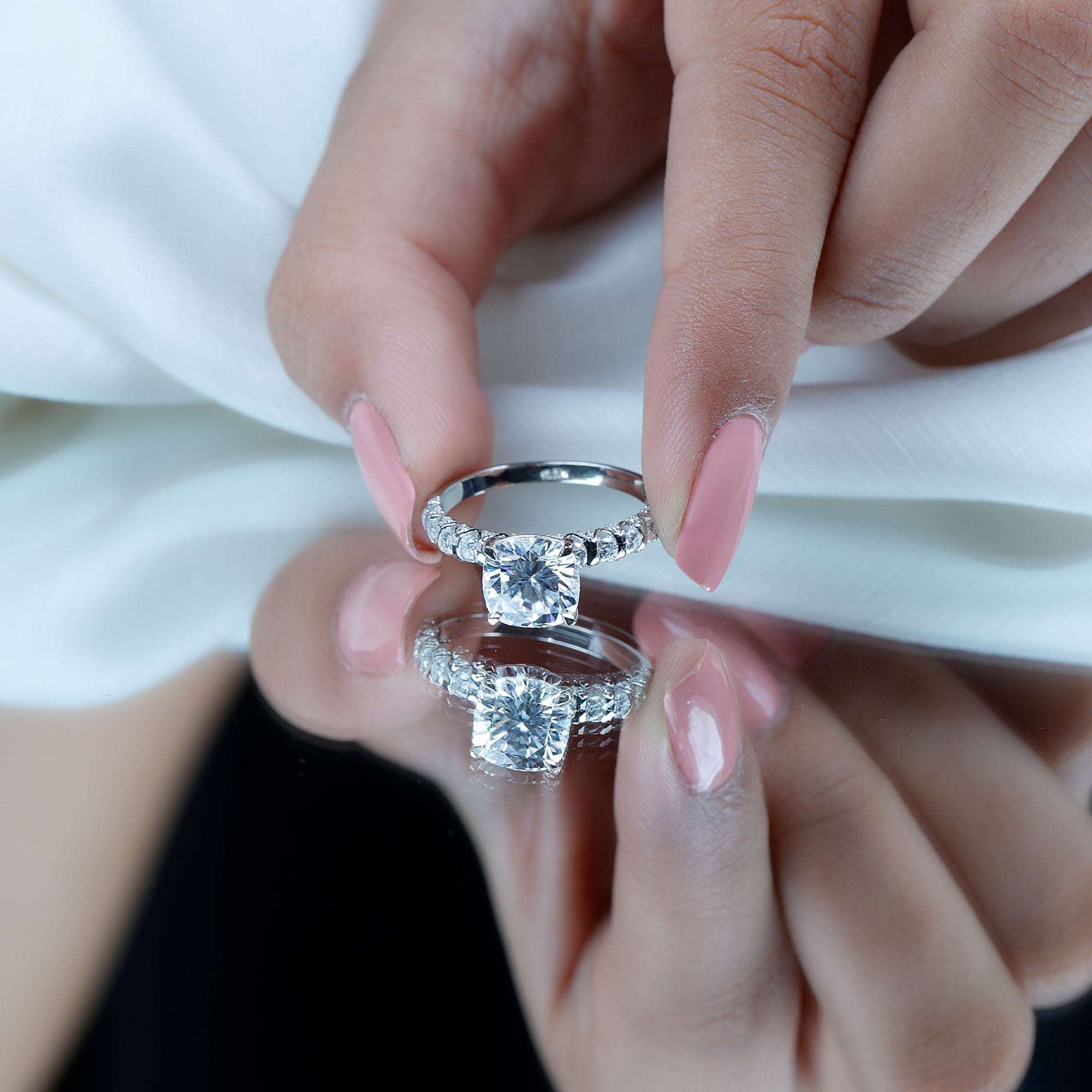 Cushion Cut Zircon Engagement Ring with Side Stones AAAA - Rosec Jewels