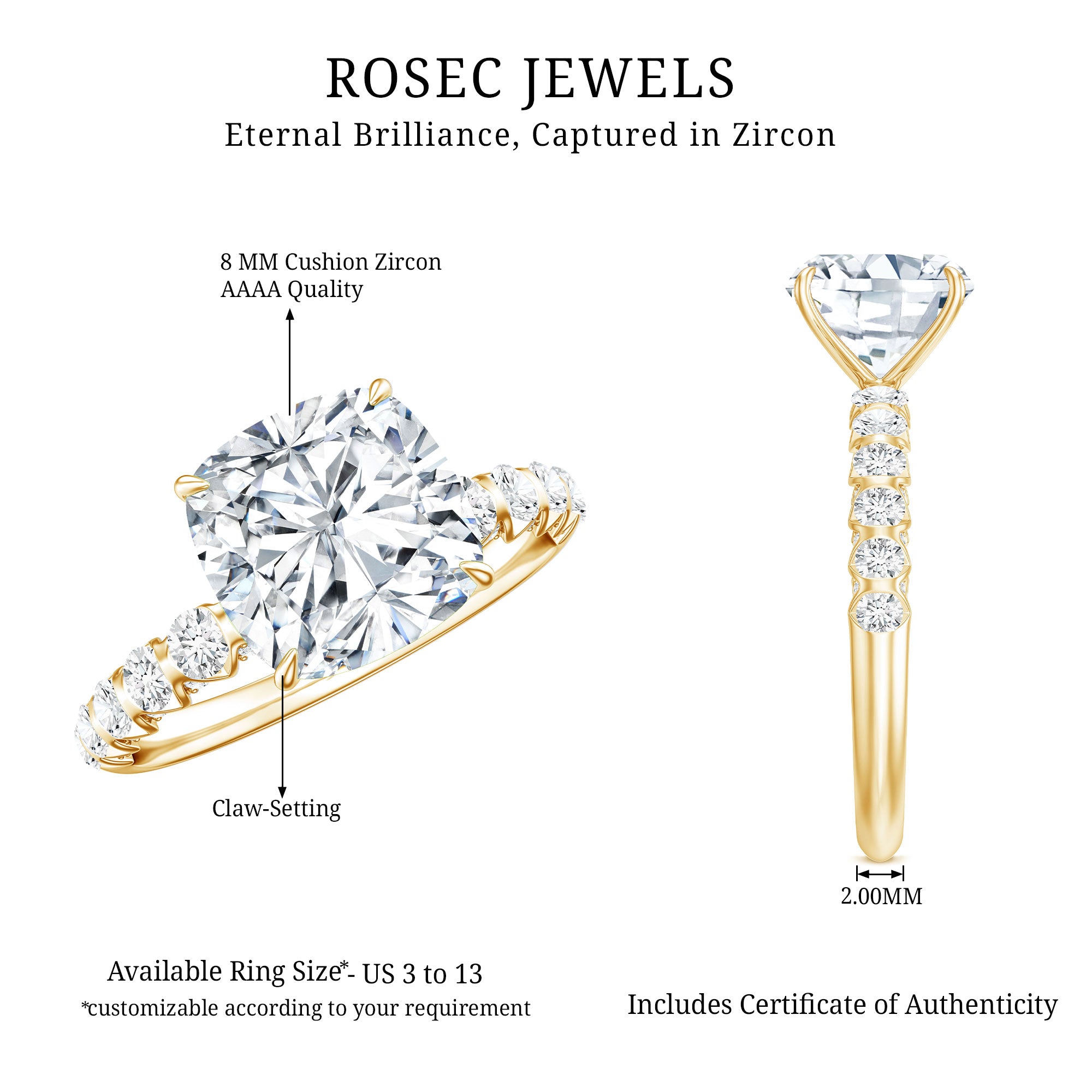Cushion Cut Zircon Engagement Ring with Side Stones AAAA - Rosec Jewels