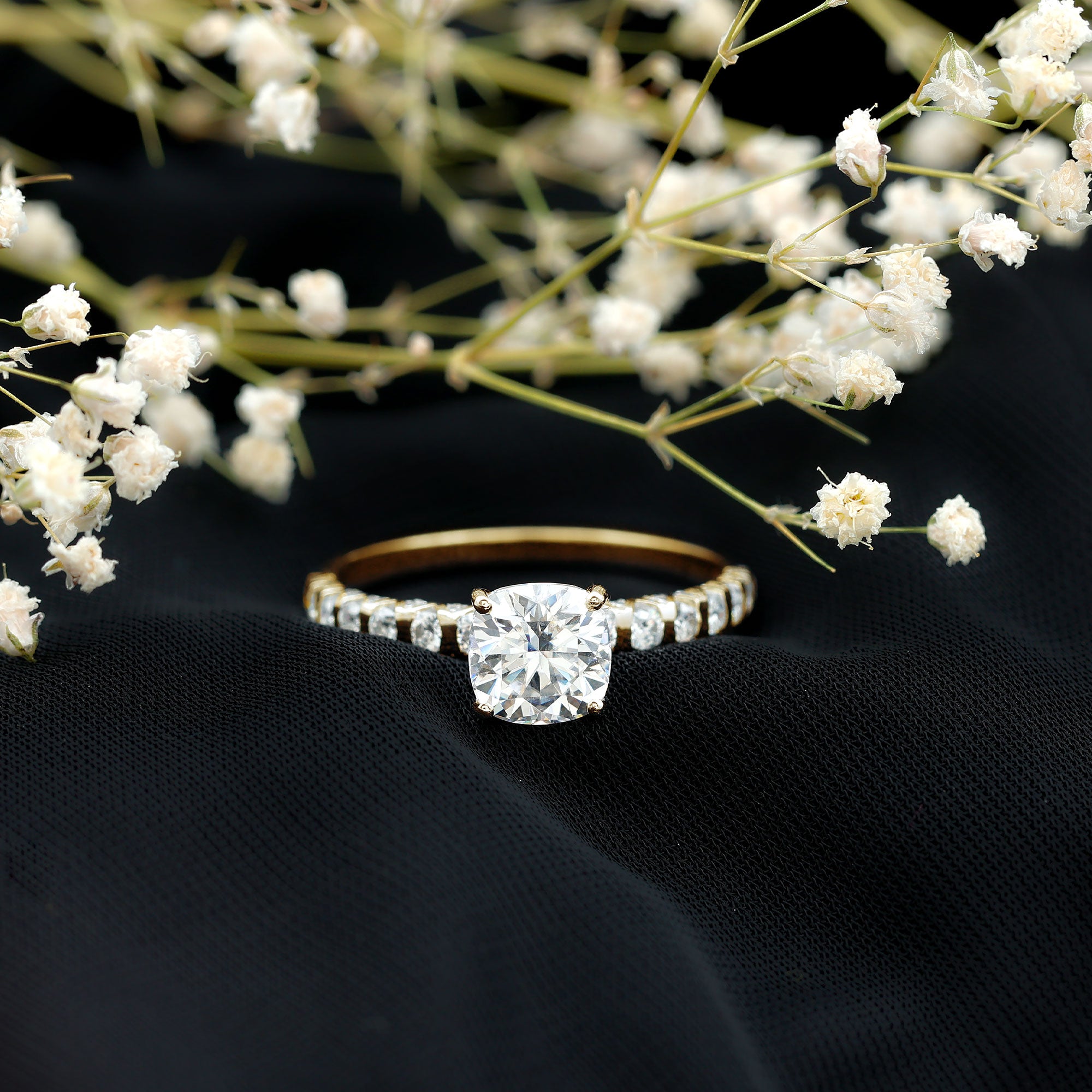 Cushion Cut Zircon Engagement Ring with Side Stones AAAA - Rosec Jewels