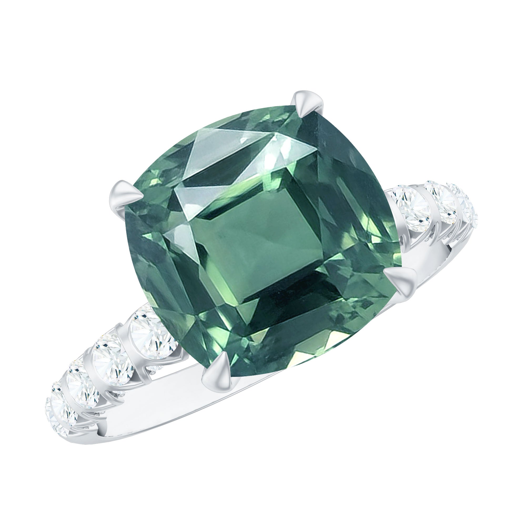 Cushion Cut Created Green Sapphire Engagement Ring with Moissanite
