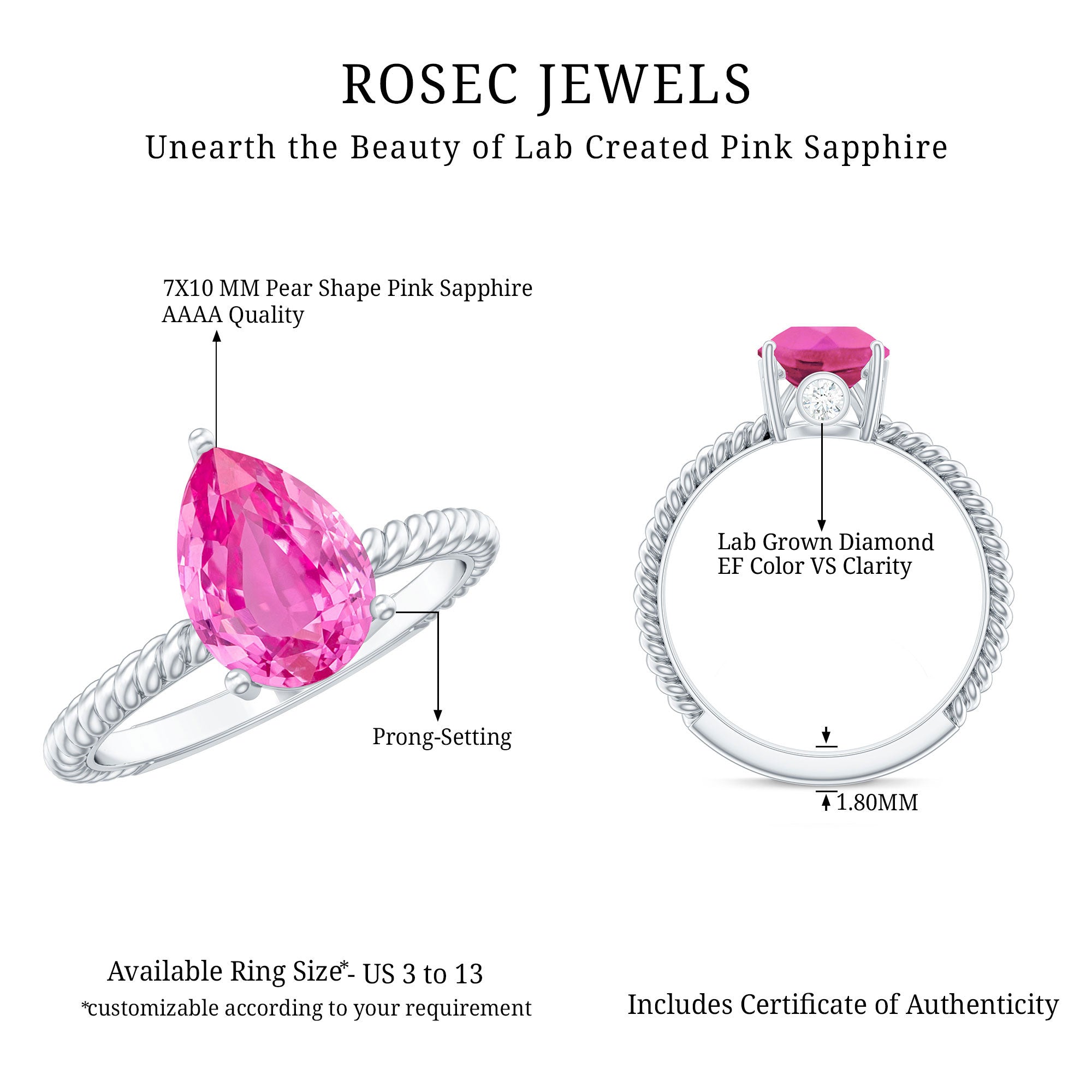 2.5 Carat Lab Created Pink Sapphire Teardrop Engagement Ring with Surprise Diamond AAAA - Rosec Jewels