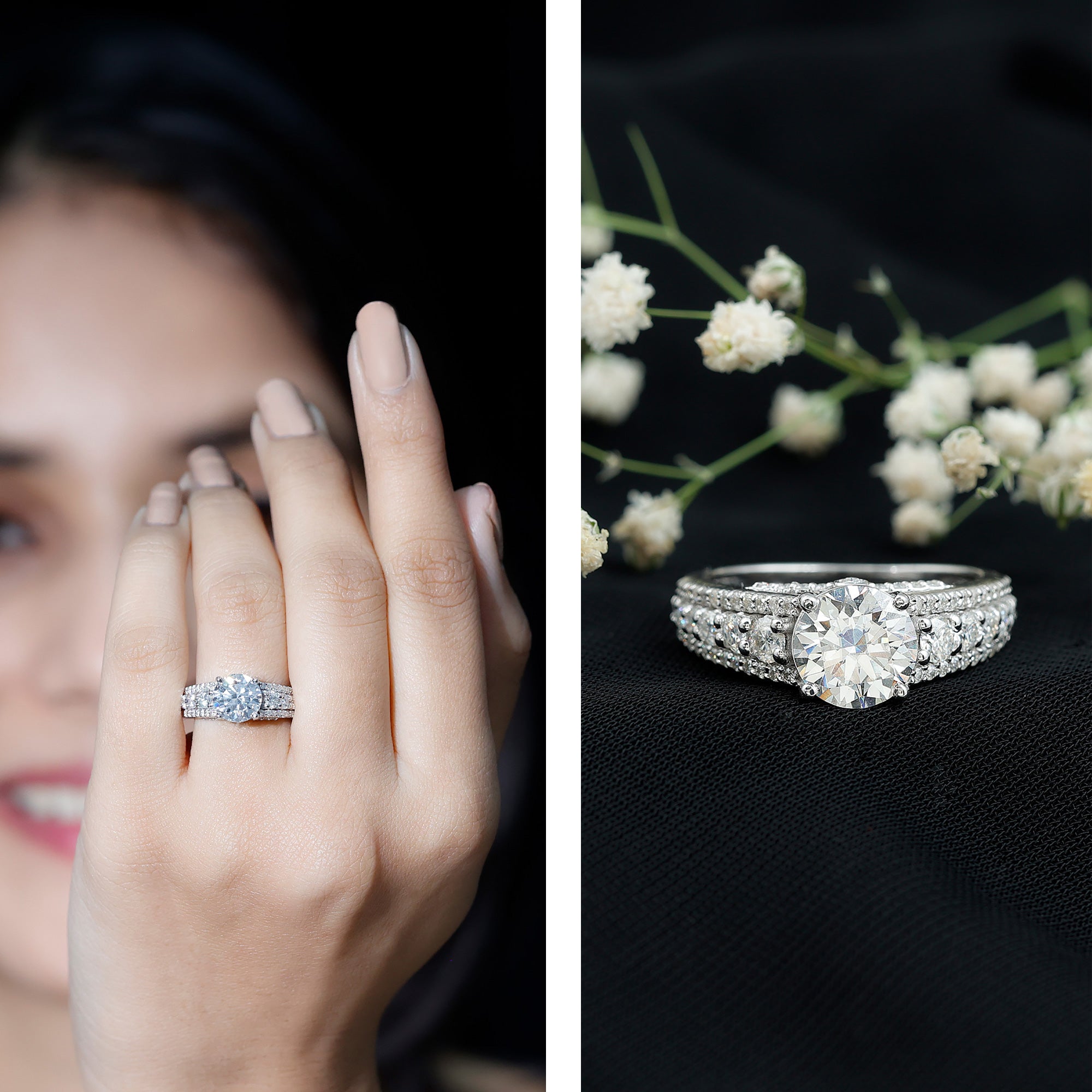 Round Cubic Zirconia Engagement Ring with Side Stones AAAA - Rosec Jewels
