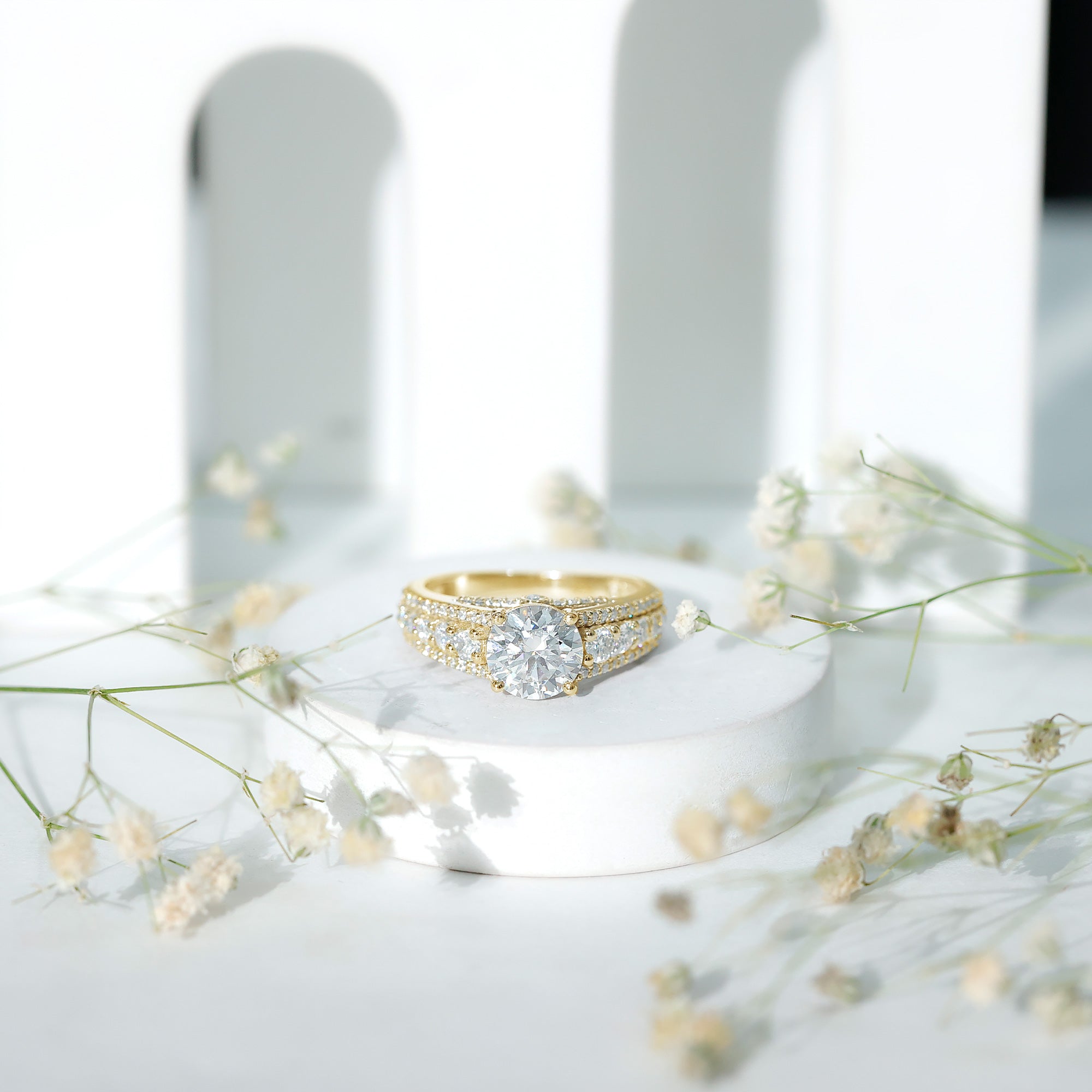 Round Cubic Zirconia Engagement Ring with Side Stones AAAA - Rosec Jewels
