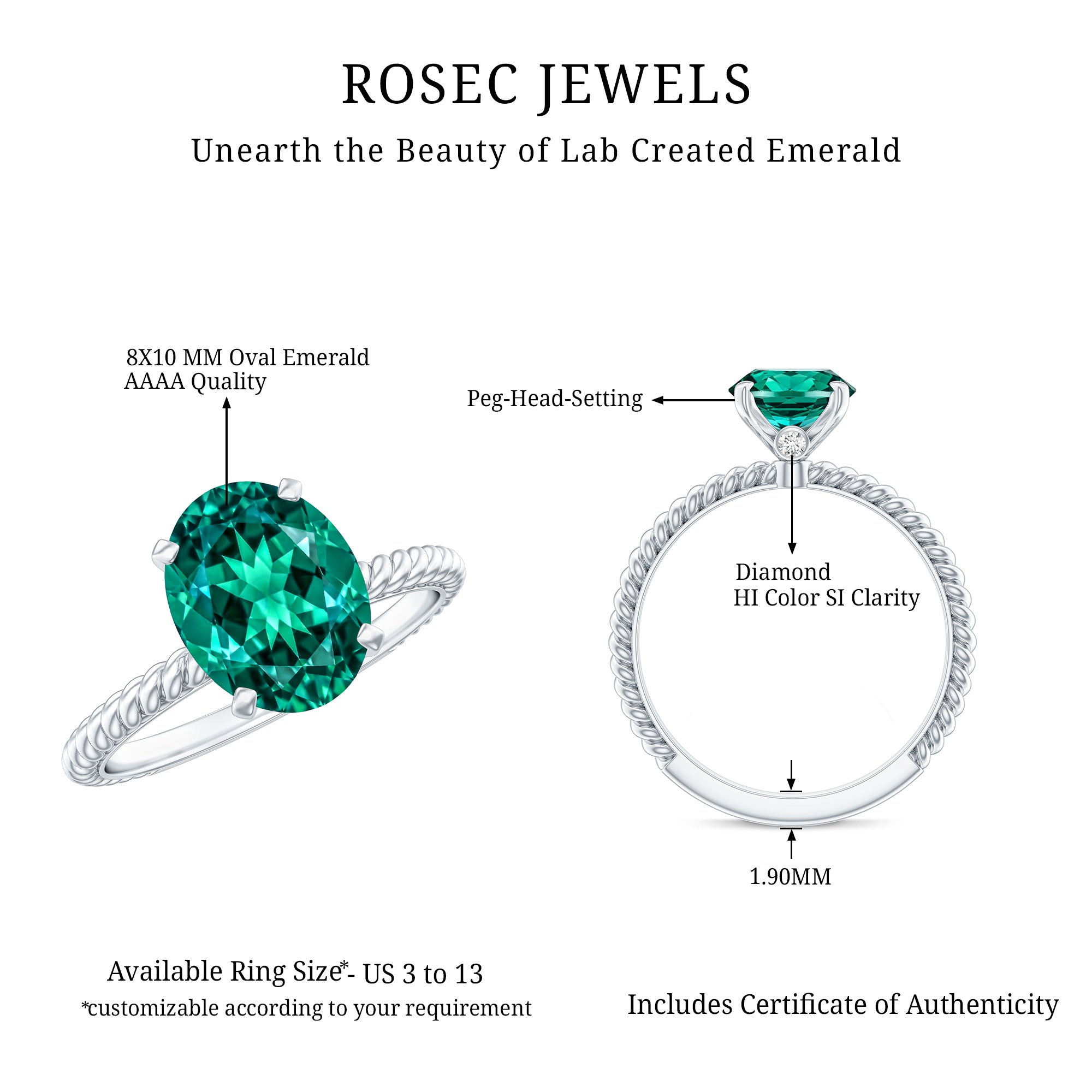 Certified 3 Carat Oval Lab Grown Emerald Ring for Engagement AAAA - Rosec Jewels