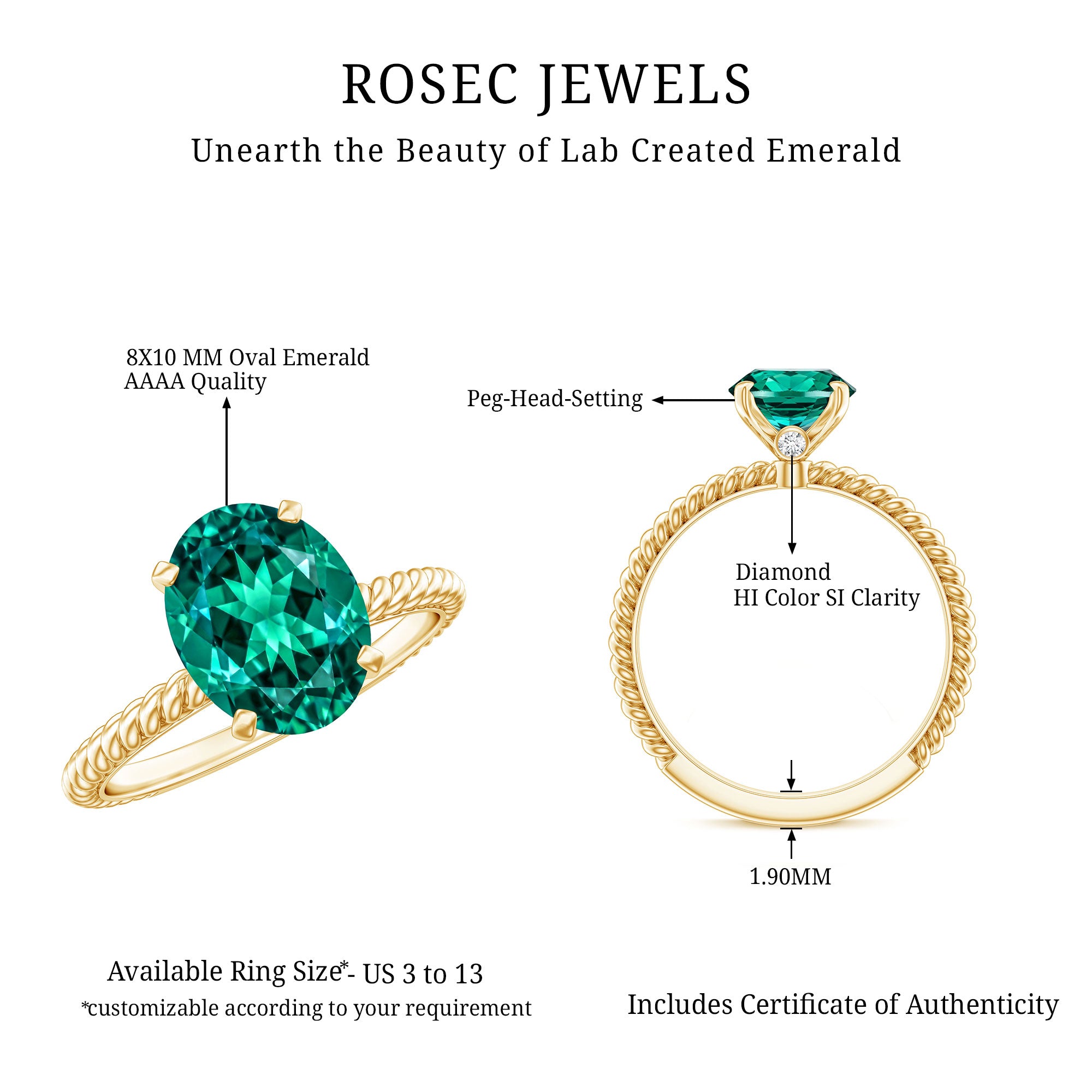 Certified 3 Carat Oval Lab Grown Emerald Ring for Engagement AAAA - Rosec Jewels