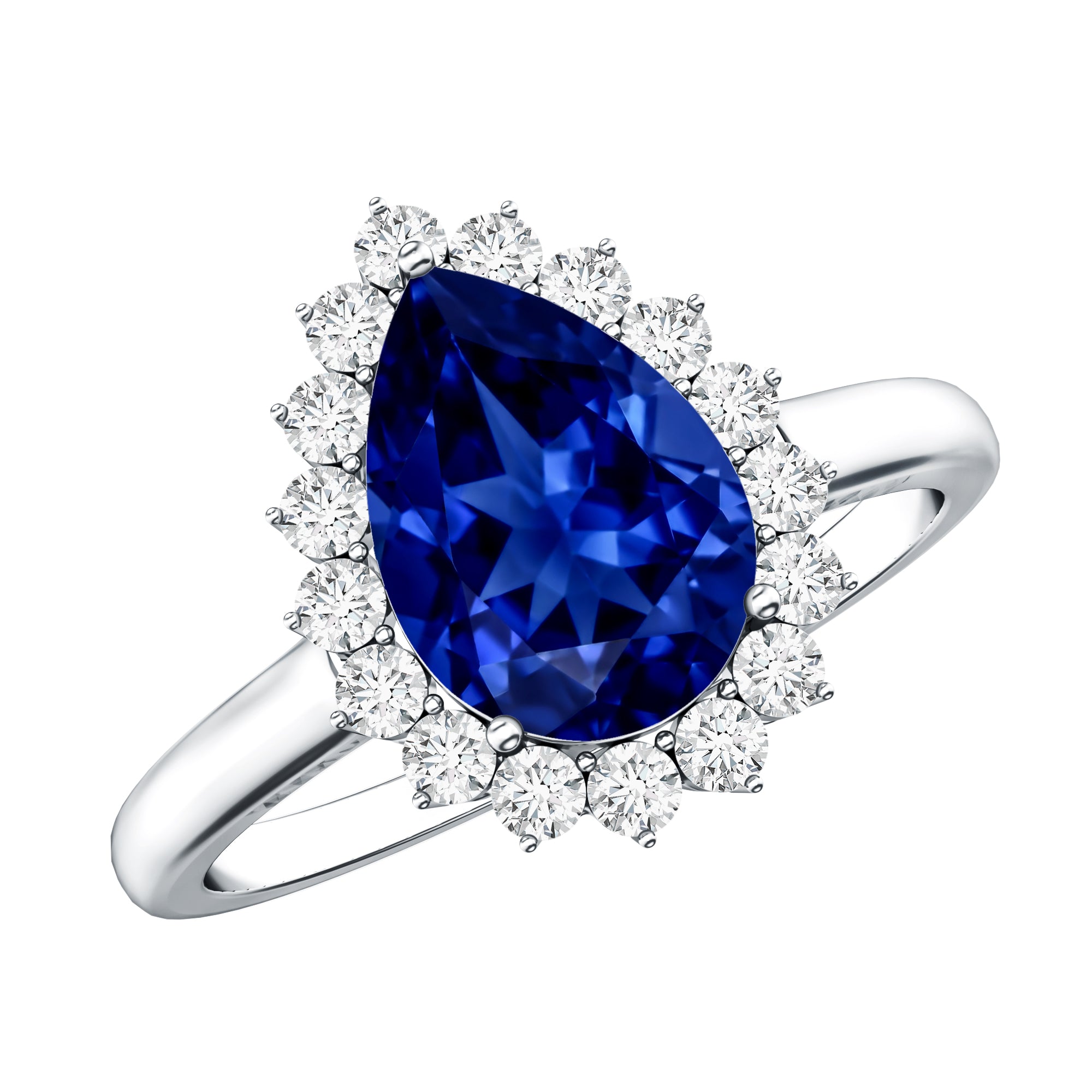Certified 3.3 Carat Lab Grown Pear Shaped Blue Sapphire Engagement Ring with Diamond Halo AAAA - Rosec Jewels