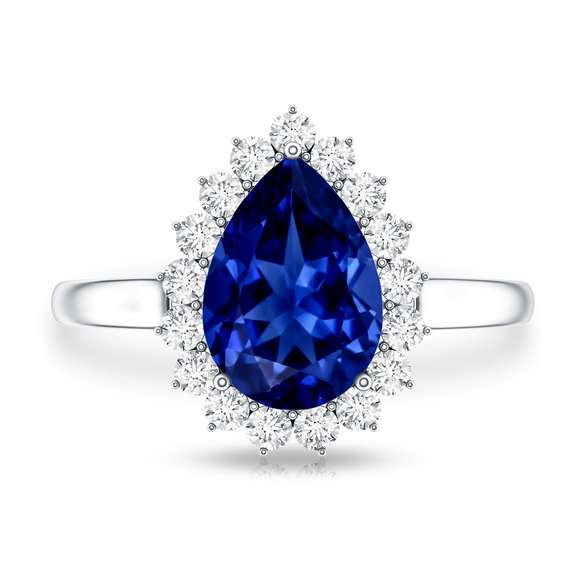 Certified 3.3 Carat Lab Grown Pear Shaped Blue Sapphire Engagement Ring with Diamond Halo AAAA - Rosec Jewels
