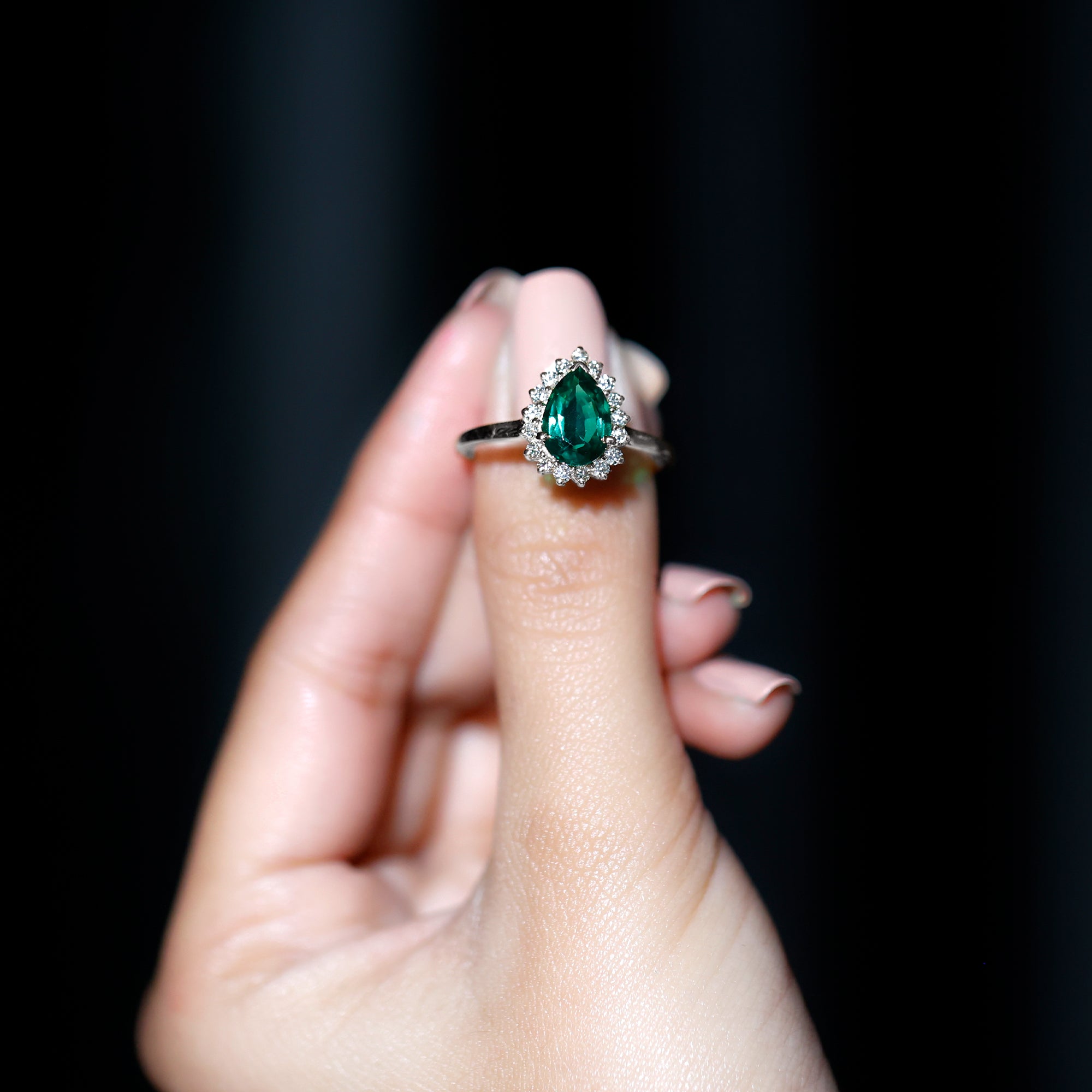 2 Carat Pear Cut Lab Created Emerald Halo Engagement Ring with Diamond AAAA - Rosec Jewels