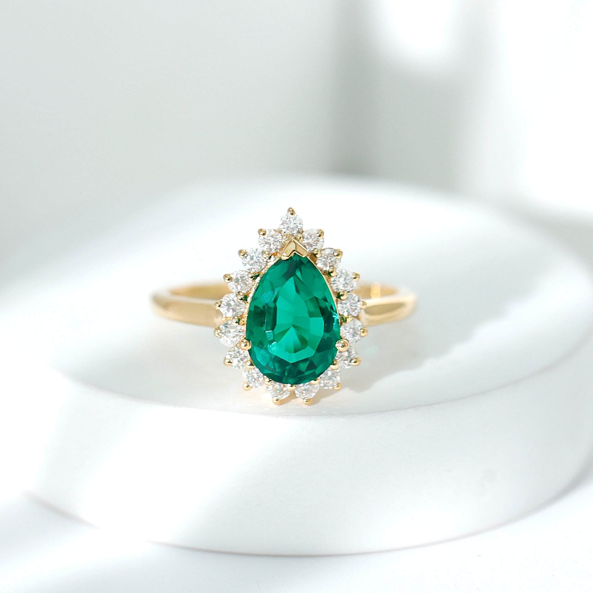 2 Carat Pear Cut Lab Created Emerald Halo Engagement Ring with Diamond AAAA - Rosec Jewels